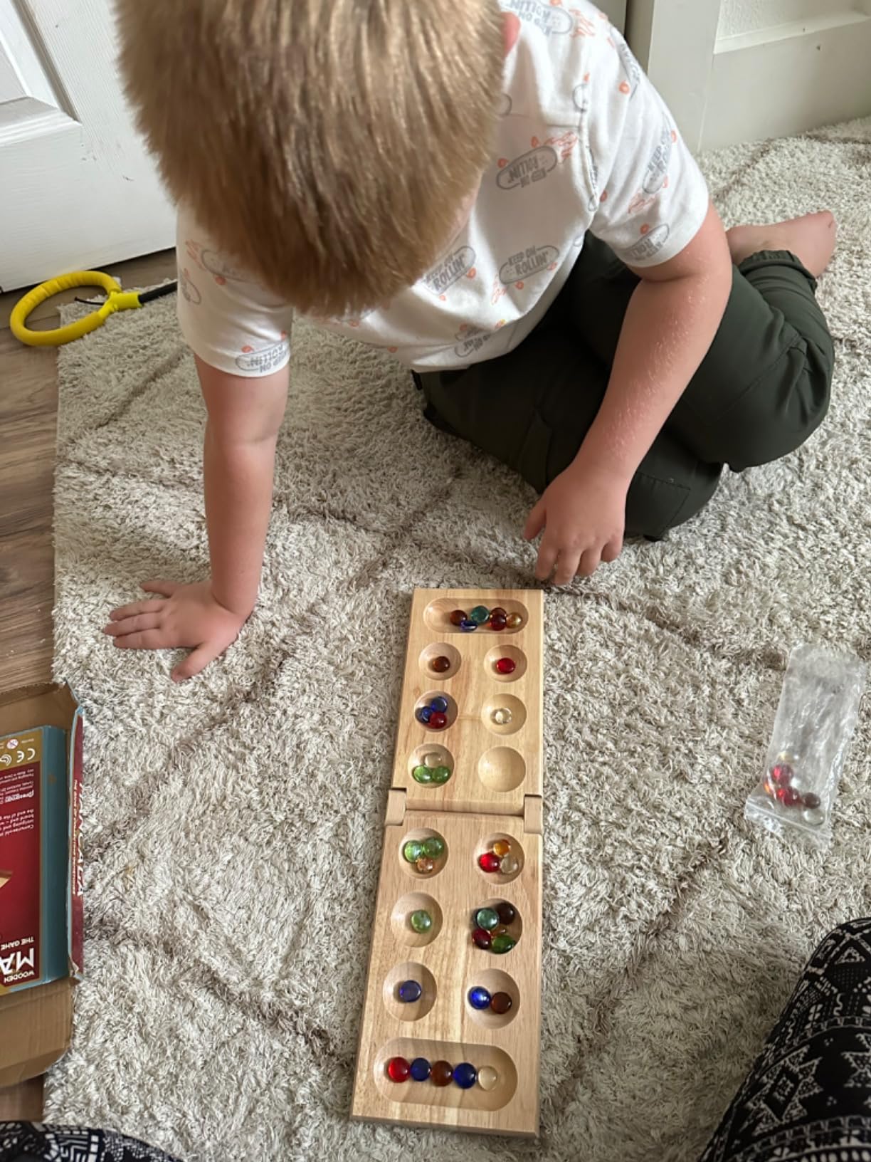 Pressman Mancala Board Game | Fun Classic Table for Adults & Kids | Includes 48 Glass Mancala Stones and Wood Hinged Playing Board | 2 Players, Ages 6+ customer photo 1