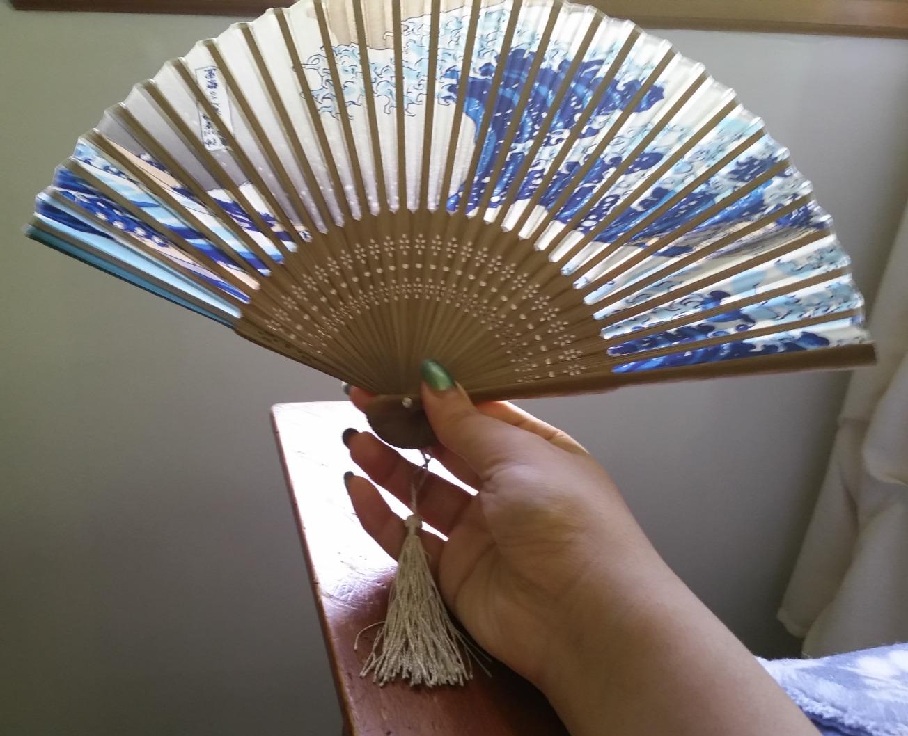 BURIUS Japanese Fan for Women, 14.5x8.2 In Silk Folding Hand Fan, Bamboo - Handheld Foldable Design, Asian Style, Retro Ocean Pattern, Face Cooling, for Dancing, Weddings, or Parties, an Elegant Gift customer photo 2
