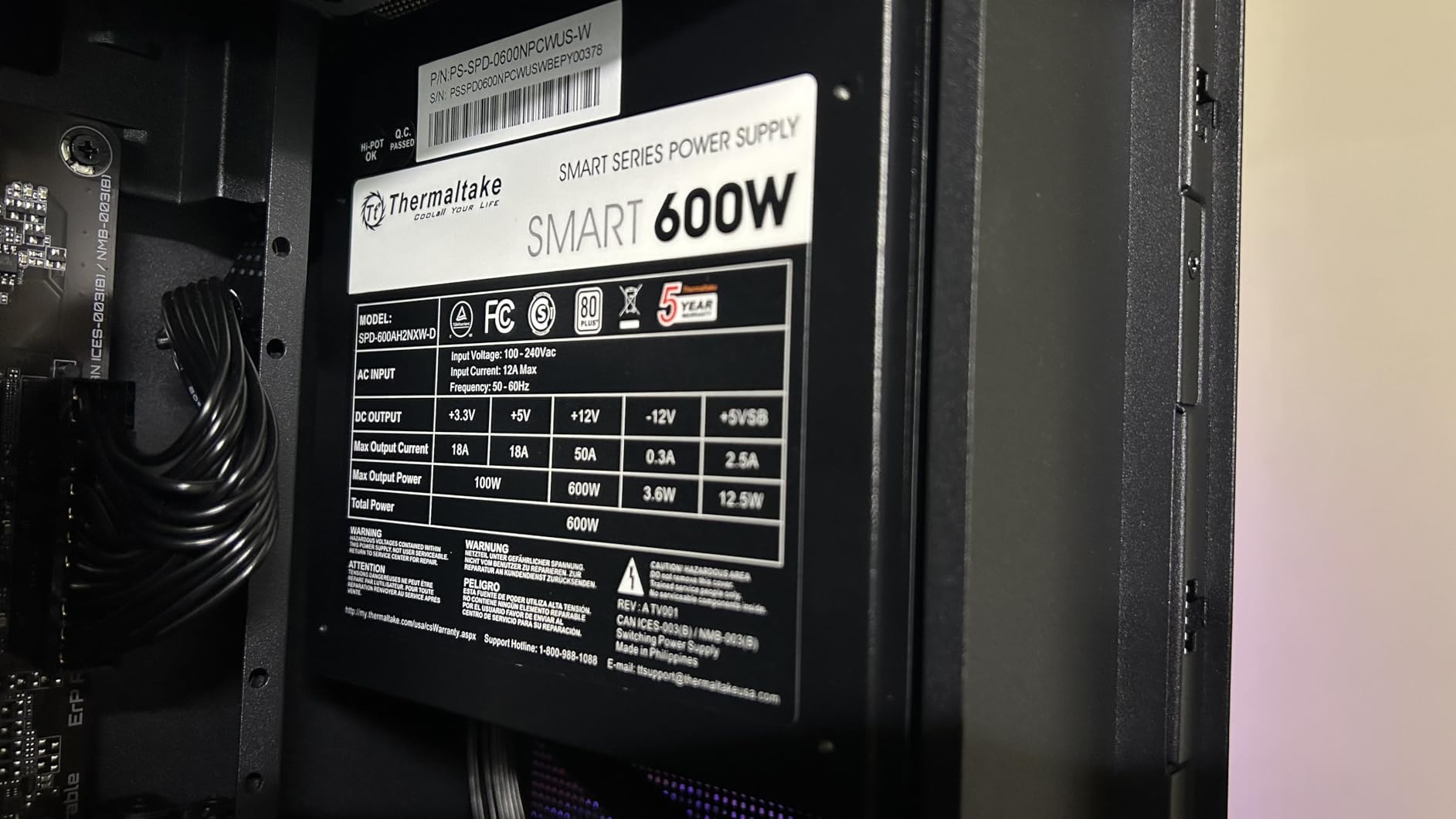 Thermaltake Smart 600W ATX 12V V2.3/EPS 12V 80 Plus Certified Active PFC Power Supply PS-SPD-0600NPCWUS-W customer photo 1