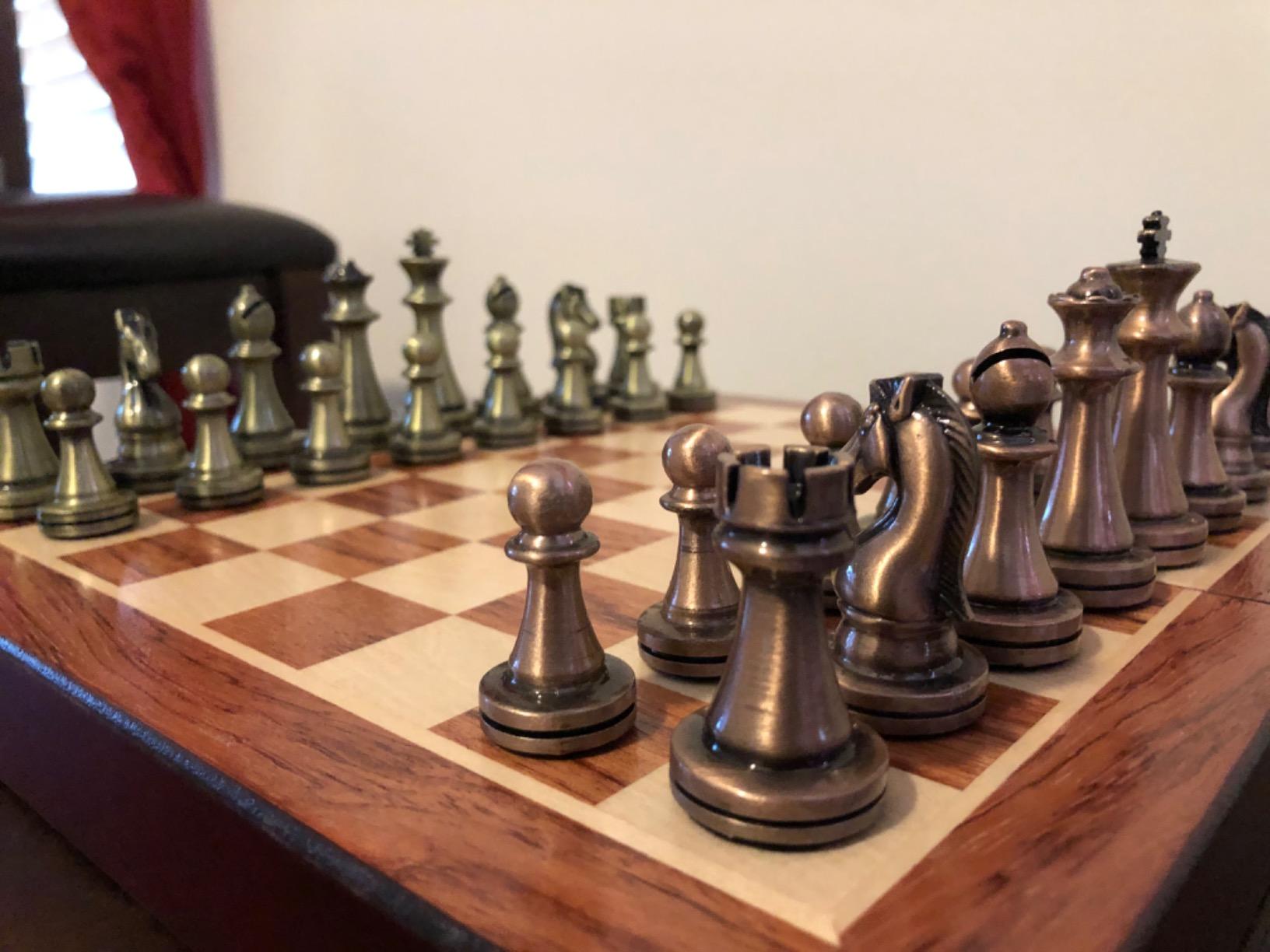 Agirlgle Retro Metal Chess Set with Folding Wooden Chess Board and Classic Handmade Standard Pieces Metal Chess Set for Kids Adult customer photo 2