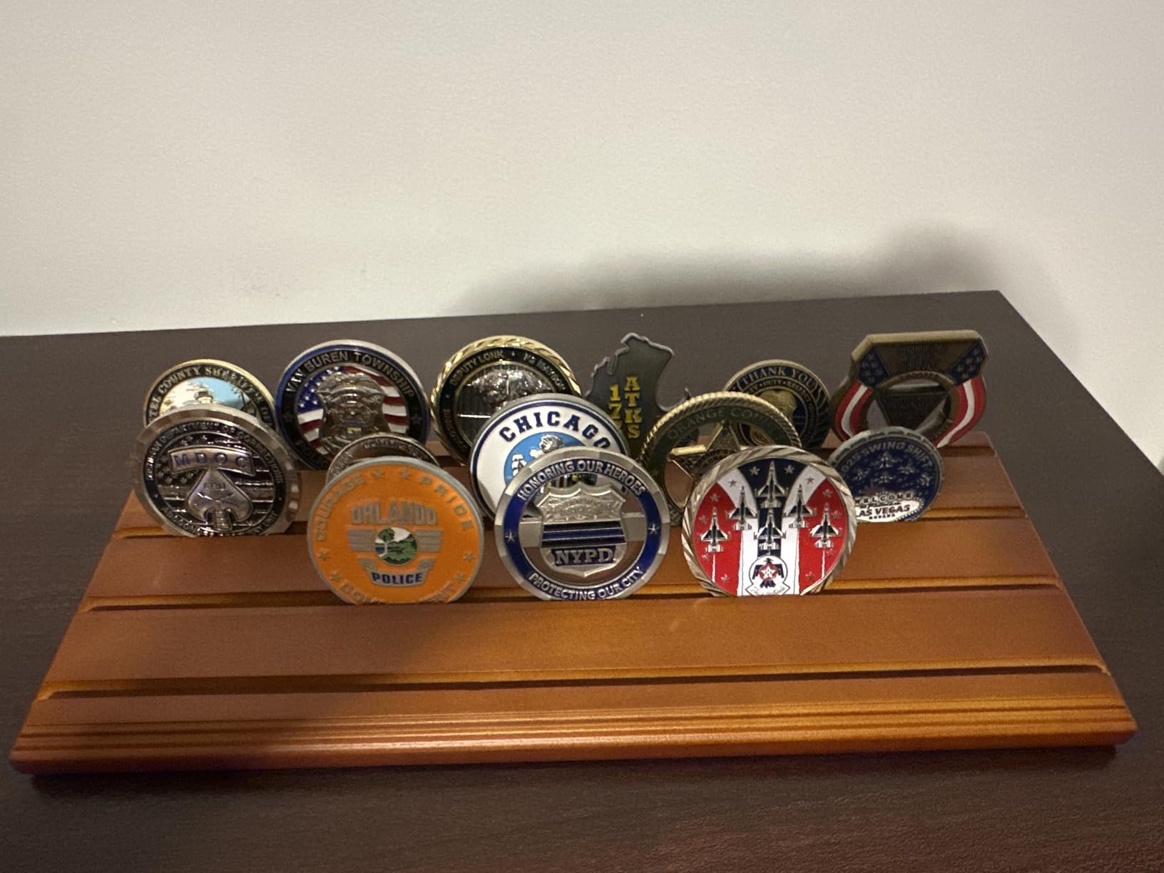 DisplayGifts Challenge Coin Display Stand 4 Row Wooden Holder Rack Case Holds 28 Coins Walnut Finish customer photo 2