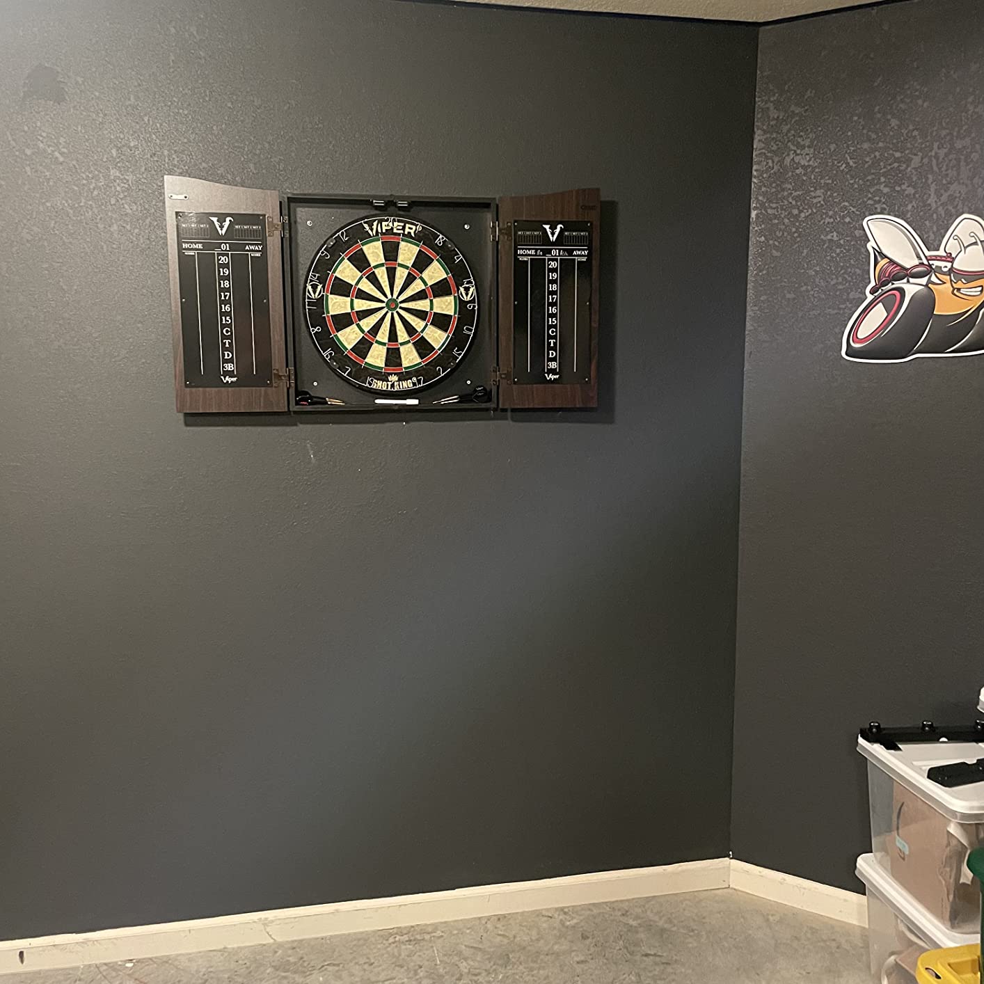Viper Vault Cabinet & Shot King Sisal/Bristle Dartboard Ready-to-Play Bundle with Two Sets of Steel-Tip Darts, Throw Line, and Dry Erase Scoreboards, Walnut Finish customer photo 1