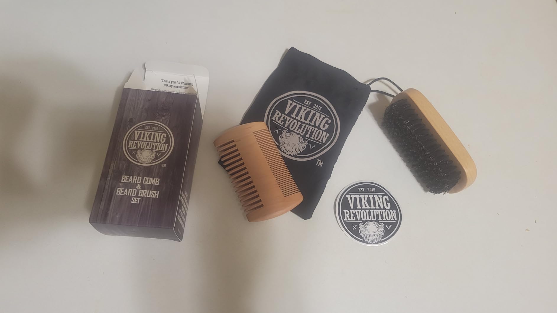 Viking Revolution Beard Comb and Beard Brush Set with Velvet Pouch | Includes Natural Boar Bristle Brush & Dual Action Pear Wood Comb - Velvet Travel Pouch Included - For Beards & Mustaches customer photo 1