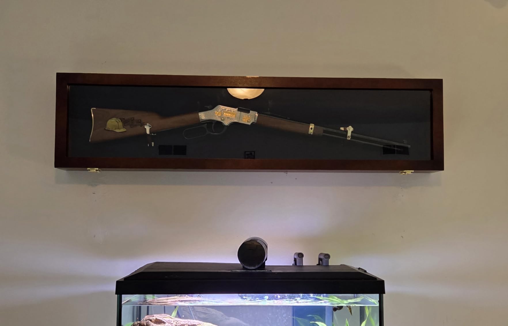 PENNZONI Gun Display Case - Lockable Rifle Display Case - Gun Cabinets for Rifles & Shotguns - Sword Wall Mount, Gun Wall Mount Display Case w/ Acrylic Door | Walnut, Red Felt customer photo 2