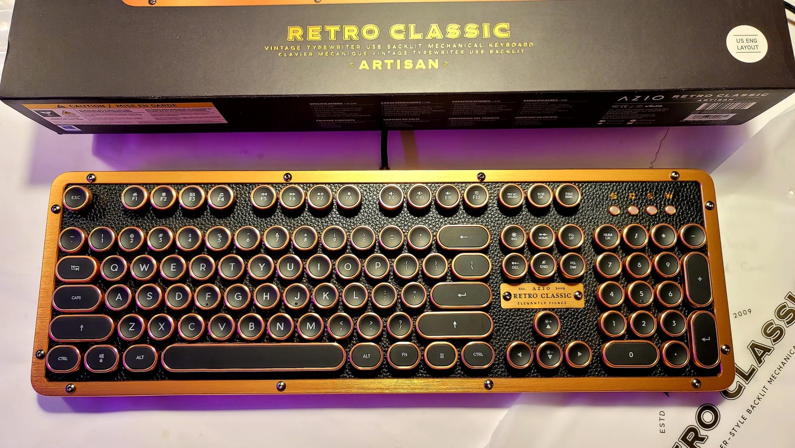 Azio Retro Classic Artisan - USB Luxury Vintage Back lit Mechanical Keyboard (Blue Switch, Black Leather, Zinc Alloy Frame)(MK-RETRO-L-03-US) customer photo 1