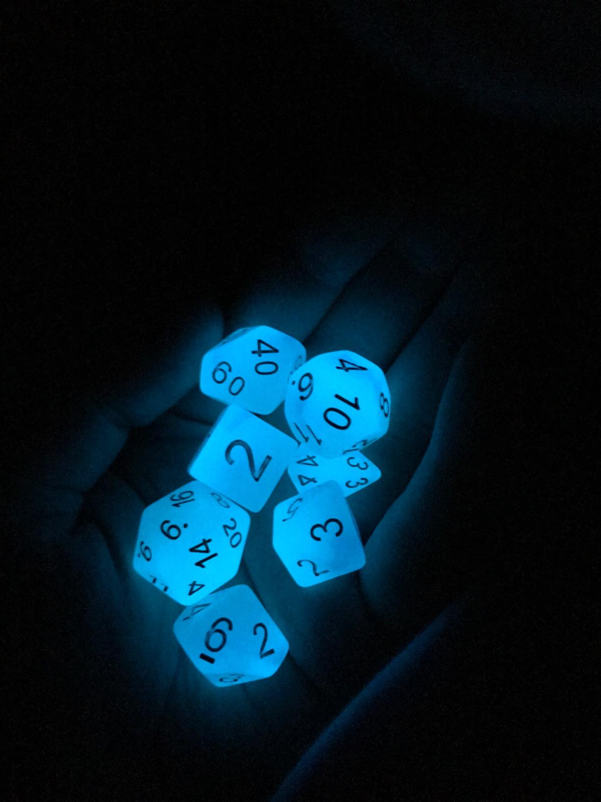 Bescon Gemini Glowing Polyhedral Dice 7pcs Set ICY Rocks, Luminous RPG Dice Set d4 d6 d8 d10 d12 d20 d%, Brick Box Packaging customer photo 2