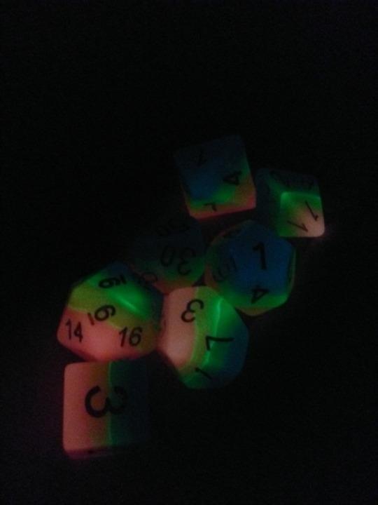 Bescon Fantasy Rainbow Glowing Polyhedral Dice 7pcs Set Midnight Candy, Luminous RPG Dice Set Glow in Dark, Novelty DND Game Dice d4 d6 d8 d10 d12 d20 d% in Brick Box customer photo 1