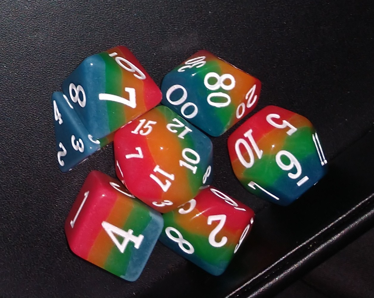 Bescon Fantasy Rainbow Glowing Polyhedral Dice 7pcs Set Midnight Candy, Luminous RPG Dice Set Glow in Dark, Novelty DND Game Dice d4 d6 d8 d10 d12 d20 d% in Brick Box customer photo 2