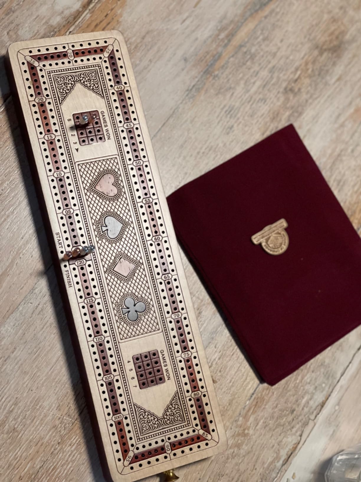 House of Cribbage - 3 Track Continuous Cribbage Board Inlaid in Maple Wood/Bloodwood - Size: 12.5 Inch - Wood Inlaid Card Symbols (Suits) + Storage Drawer for Cribbage Pegs customer photo 2