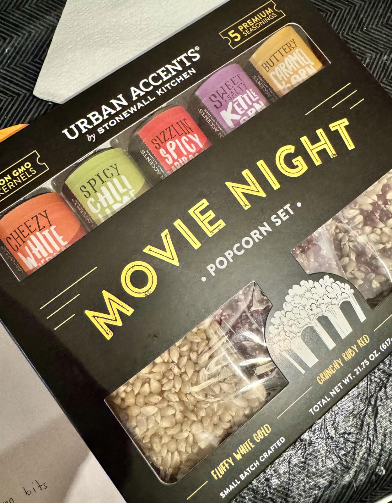 Urban Accents Movie Night Popcorn Gift Set - Includes 3 Gourmet Popcorn Kernel Varieties & 5 Flavorful Seasonings - Perfect Snack Gift Box for Parties, Holidays, or Movie Lovers customer photo 1