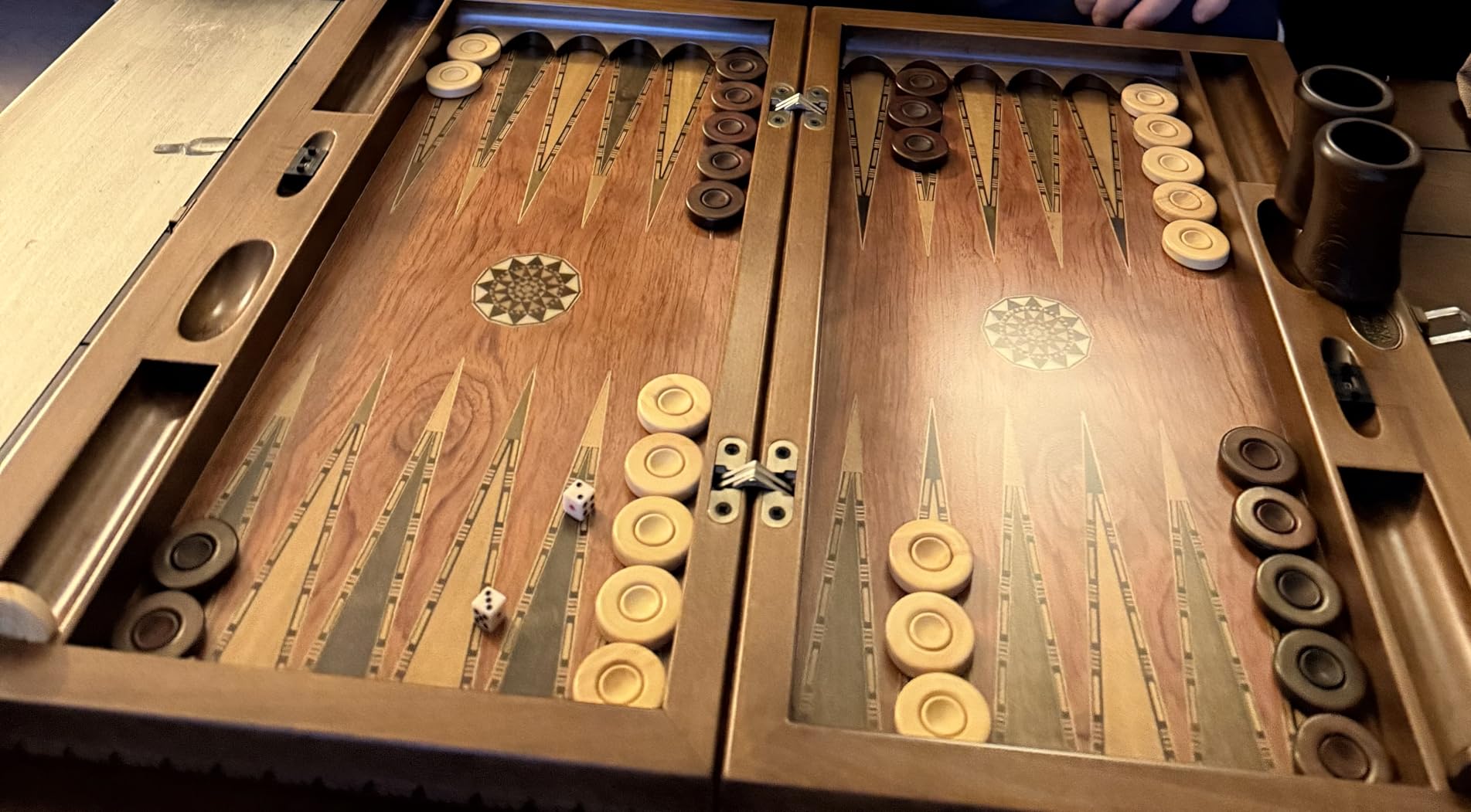 Backgammon Set Mosaic and Carved Design - Foldable Rosewood Board - Classic Board Game - Size 20.5