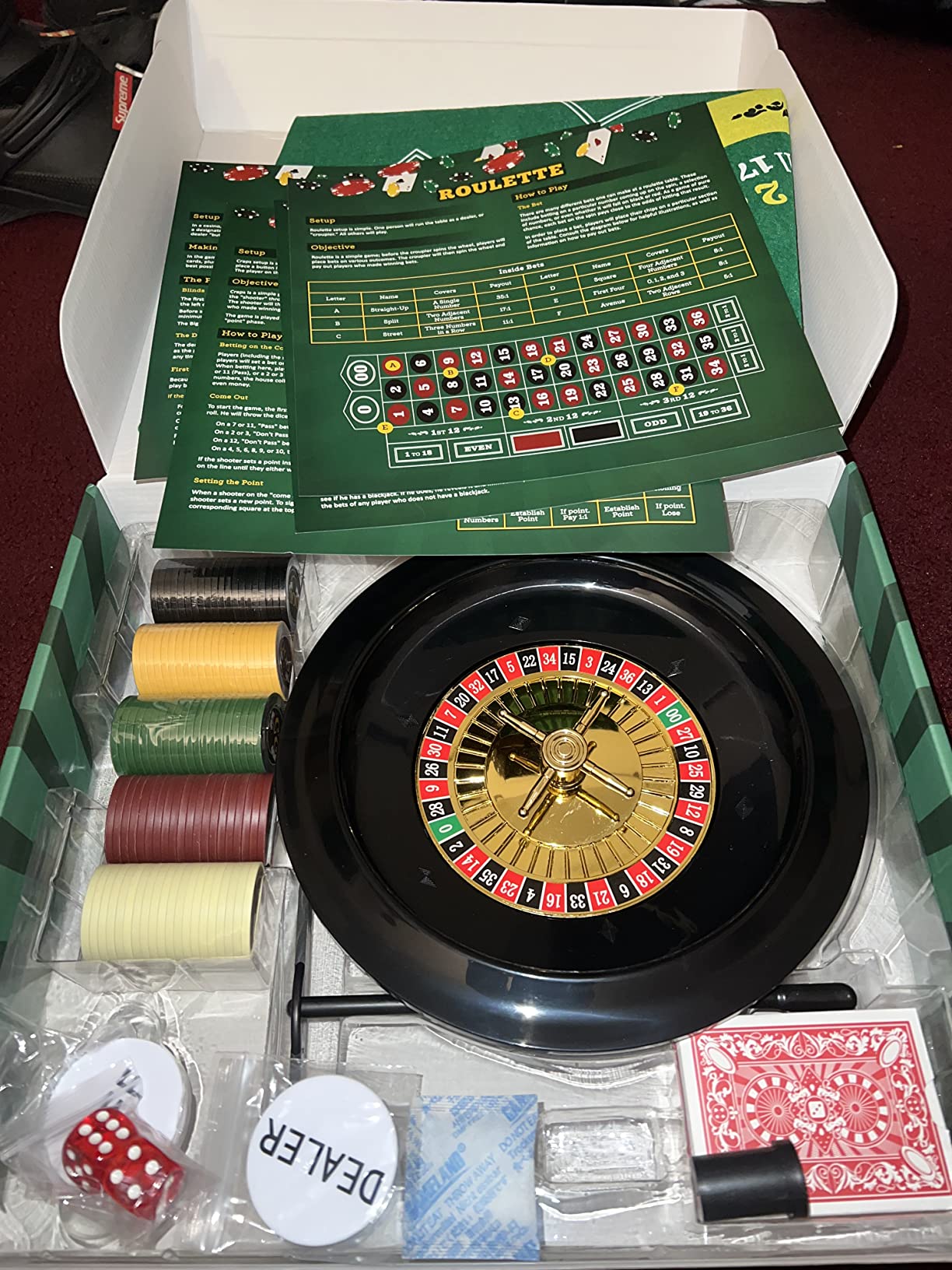 Brybelly Casino Night 4-in-1 Complete Game Set with Felts, Wheel, 100 Chips, Dice & Cards for Blackjack, Craps, Roulette & Texas Hold'em - Green Felt Double Sided Casino Tabletop Gaming Mat customer photo 1