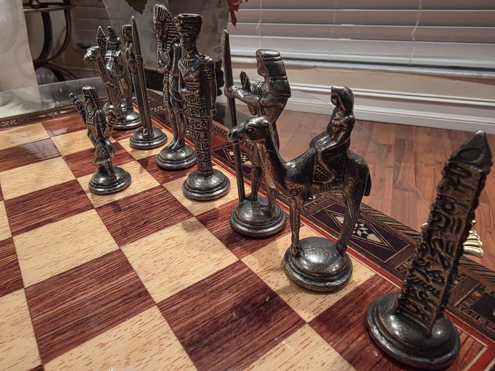 Egypt Pharaoh Antique Copper Figures Metal Chess Set for Adults Handmade Pieces and Natural Solid Wooden Chess Board with Pearl Design Around Board and Storage Inside King 3.4inc customer photo 2
