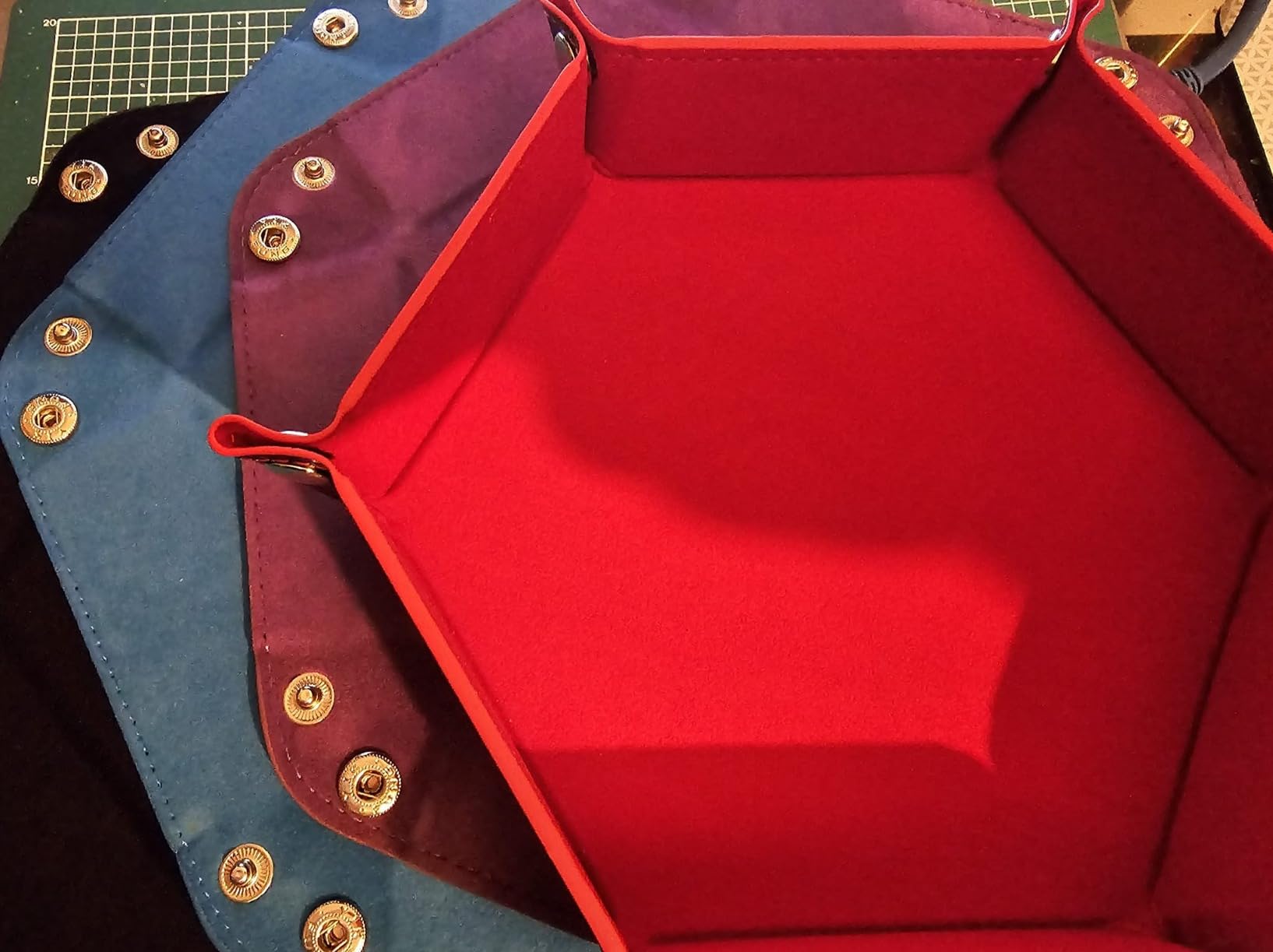SIQUK 4 Pieces Dice Tray Set Foldable Dice Trays Hexagon Dice Rolling Tray PU Leather Dice Holder for Dice Games Like RPG, DND and Other Table Games (Red, Black, Blue and Violet) customer photo 1