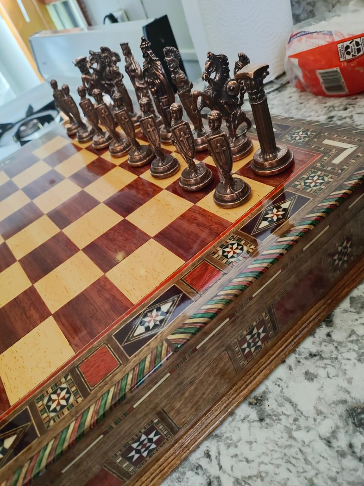 Medieval British Army Antique Copper Metal Chess Set for Adults,Handmade Pieces and Natural Solid Wooden Chess Board with Storage Inside King 3.35inc customer photo 1