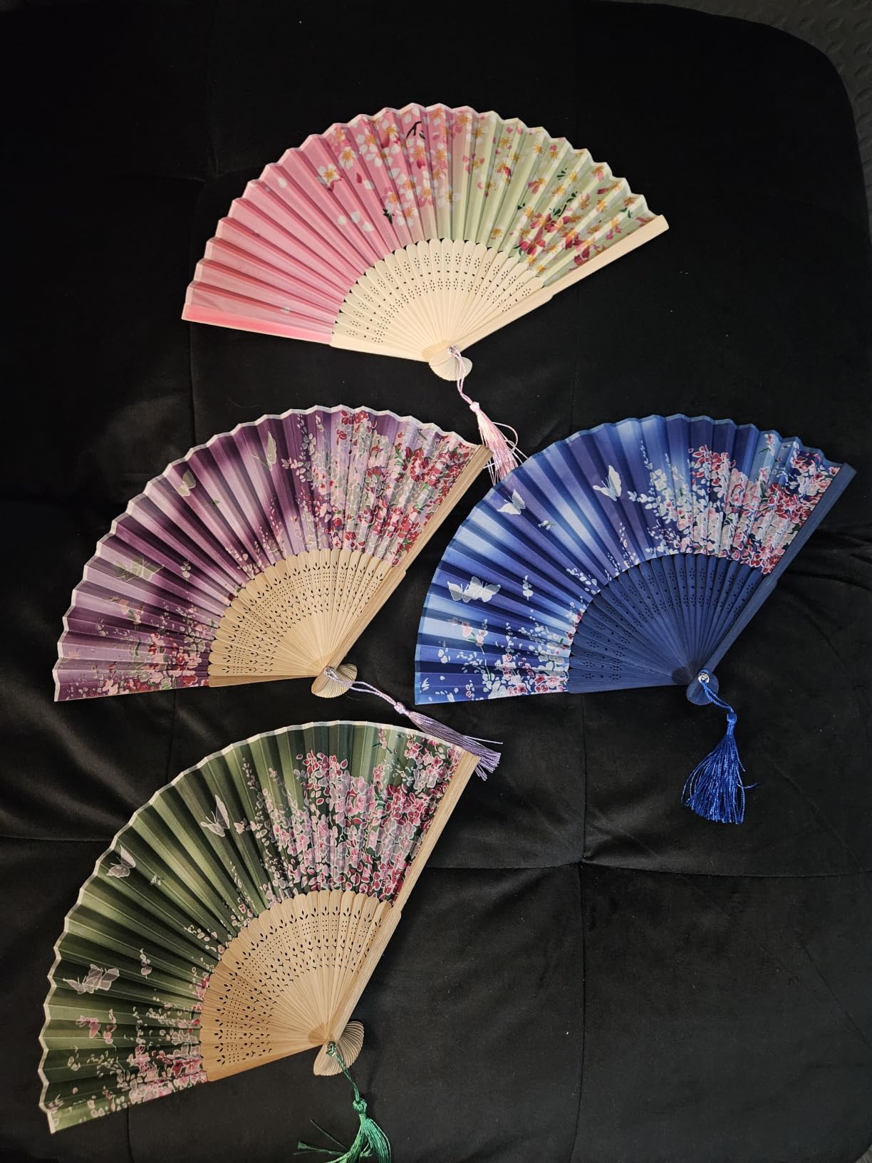 JOHOUSE 4 Pcs Floral Fabric Folding Fans with Tassel - Elegant Wedding Fans for Guests, Chinese Folding Fan, Japanese Handheld Fan, Asian Style Party Decorations & Gifts customer photo 1