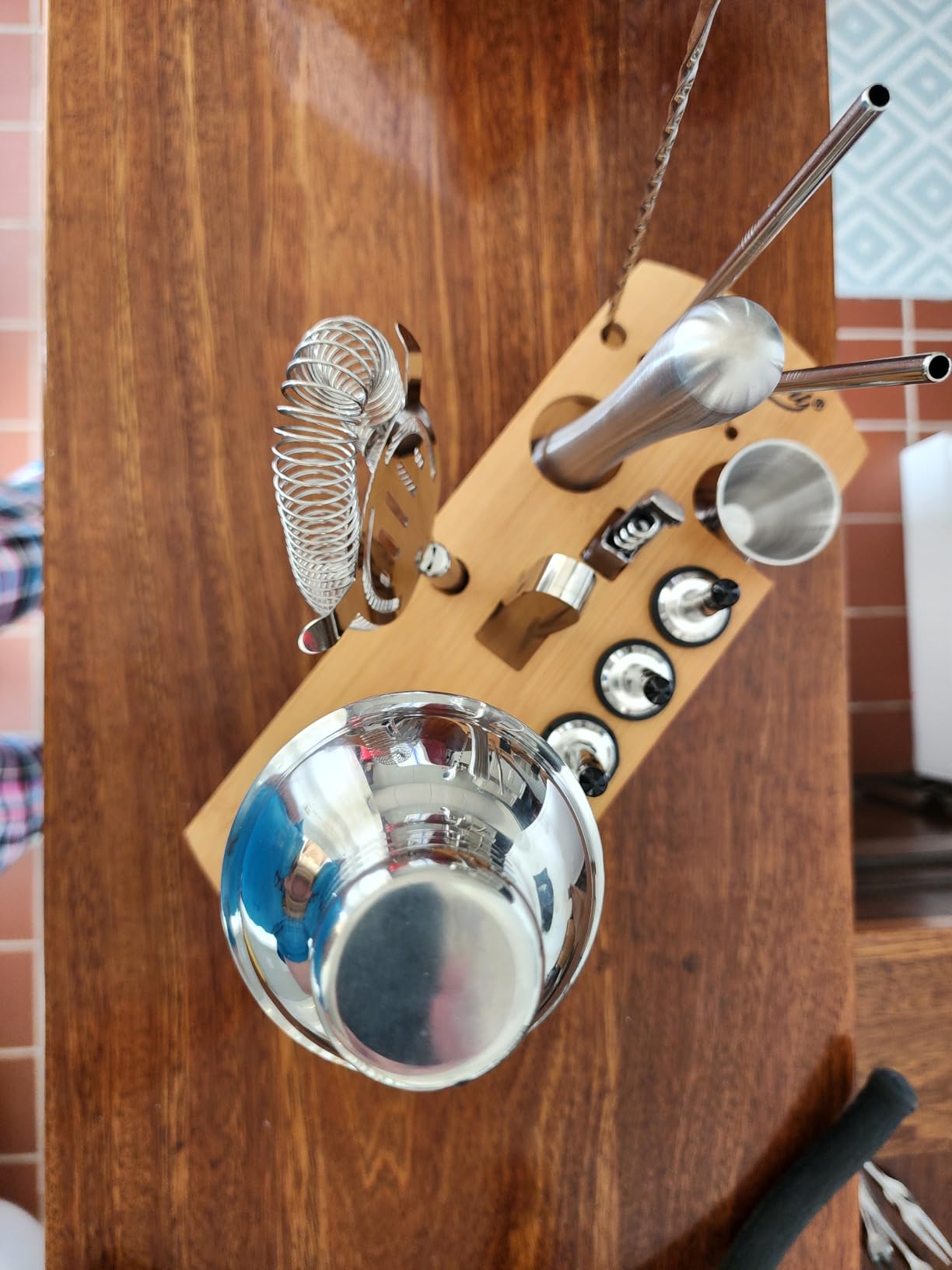 KITESSENSU Cocktail Shaker Set Bartender Kit with Stand - Bar Set Drink Mixer Set with All Essential Accessory Tools: Martini Shaker, Jigger, Strainer, Mixer Spoon, Muddler, Liquor Pourers (Silver) customer photo 2