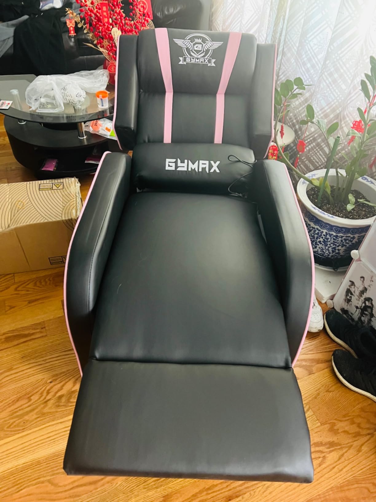 GYMAX Gaming Recliner, Massage Gaming Chair with Adjustable Footrest, Remote Control & Side Pocket, Ergonomic Game Lounge Chair, Racing Style Single Theater Seat Game Sofa for Adults (Red) customer photo 1