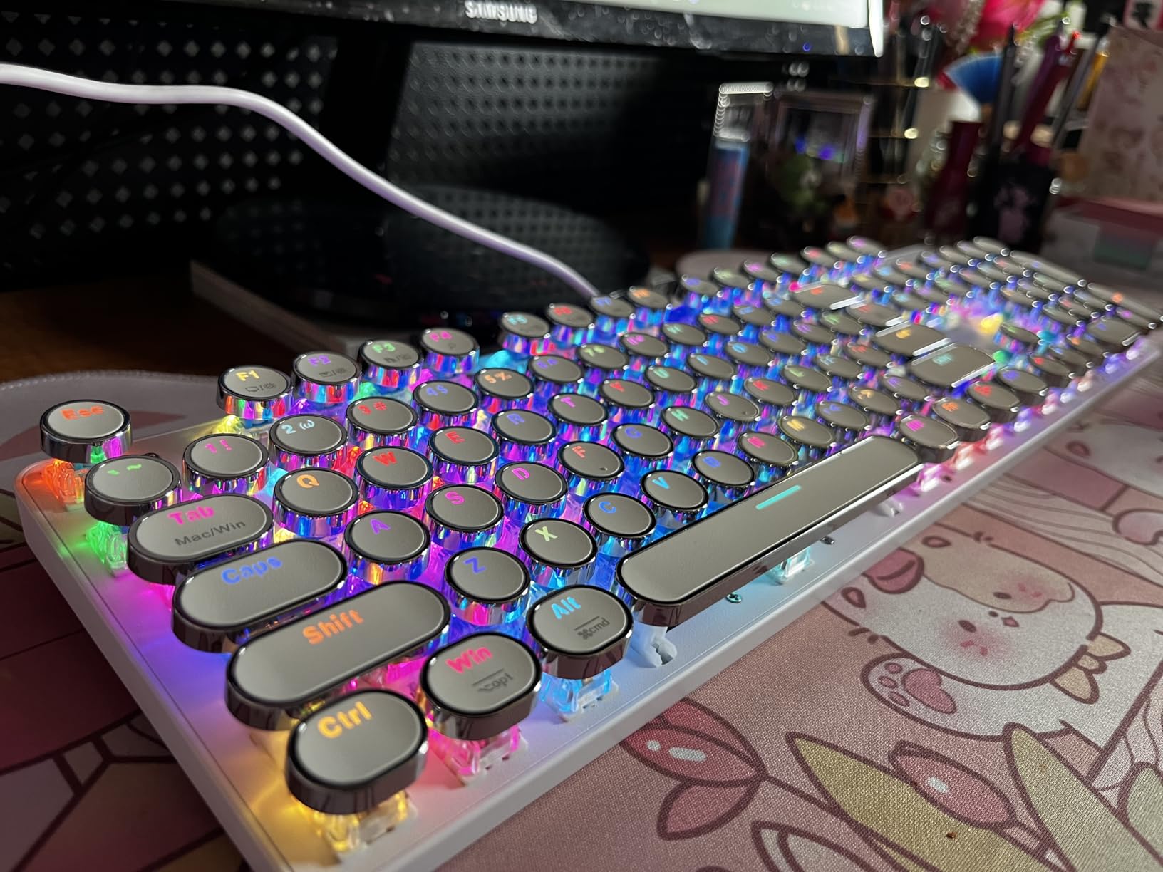 YSCP Typewriter Style Mechanical Gaming Keyboard RGB Backlit Wired with Blue Switch Retro Round Keycap 104 Keys Keyboard (R-White) customer photo 1