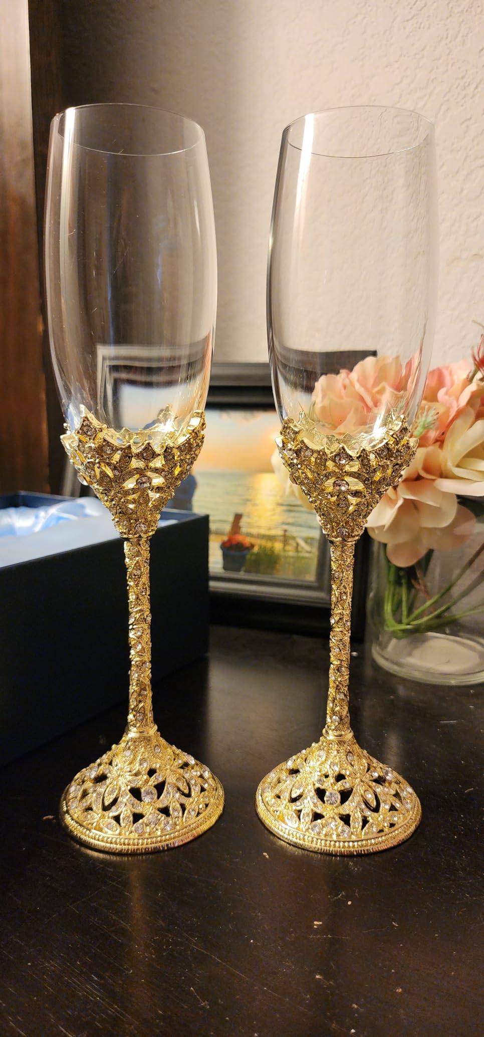 Champagne Flutes - Crystal Glass Metal Base With Crystal Stones, Set of 2 Toasting Flute Pair, Wedding Anniversary Party Birthday Banquets and Gifts for Bride and Groom(Silver) customer photo 1