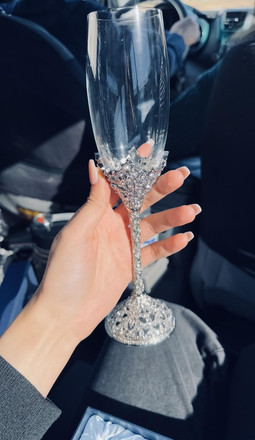 Champagne Flutes - Crystal Glass Metal Base With Crystal Stones, Set of 2 Toasting Flute Pair, Wedding Anniversary Party Birthday Banquets and Gifts for Bride and Groom(Silver) customer photo 2