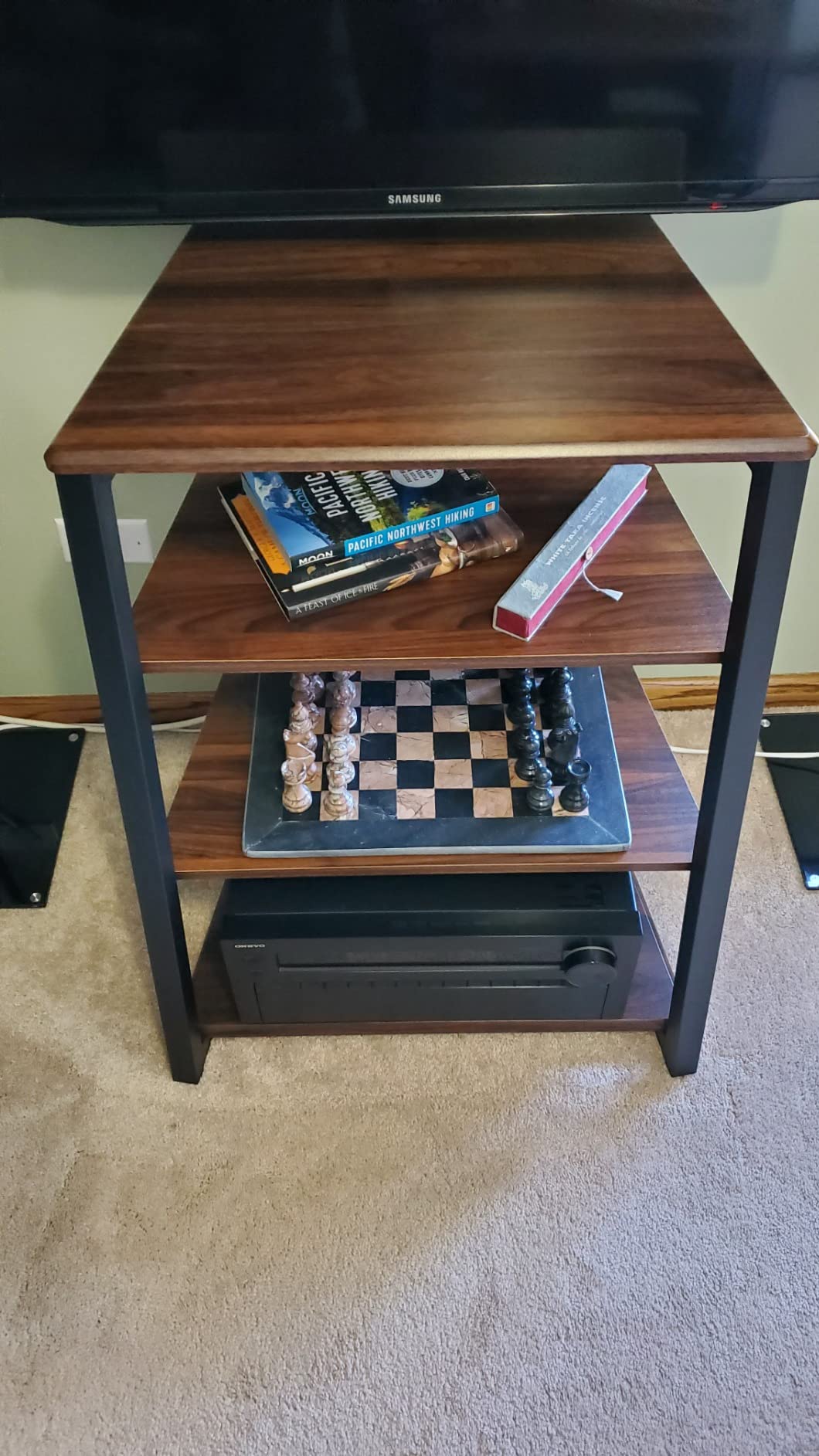 FITUEYES 4-Tier AV Media Stand Corner Shelf for Record Player HiFi, Walnut | Wooden Stereo Cabinet with Height Adjustable, Audio Rack Tower Wooden Shelves for Bedroom Living Room, Eiffel Series customer photo 2