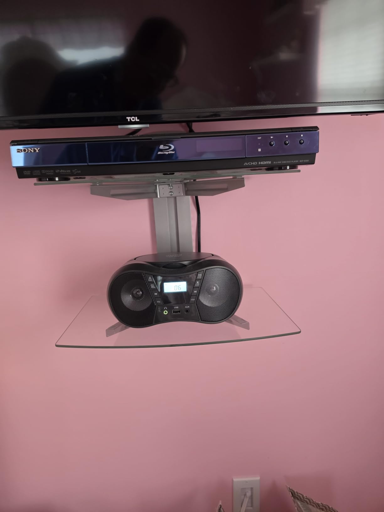 Suptek Glass Floating Shelves, TV Wall Mount with Shelf for DVD Player / PS4 / Cable Boxes/Game Consoles/Sky Box/TV Accessories, Flat Black 2-Tier Wall Mount Bracket customer photo 1