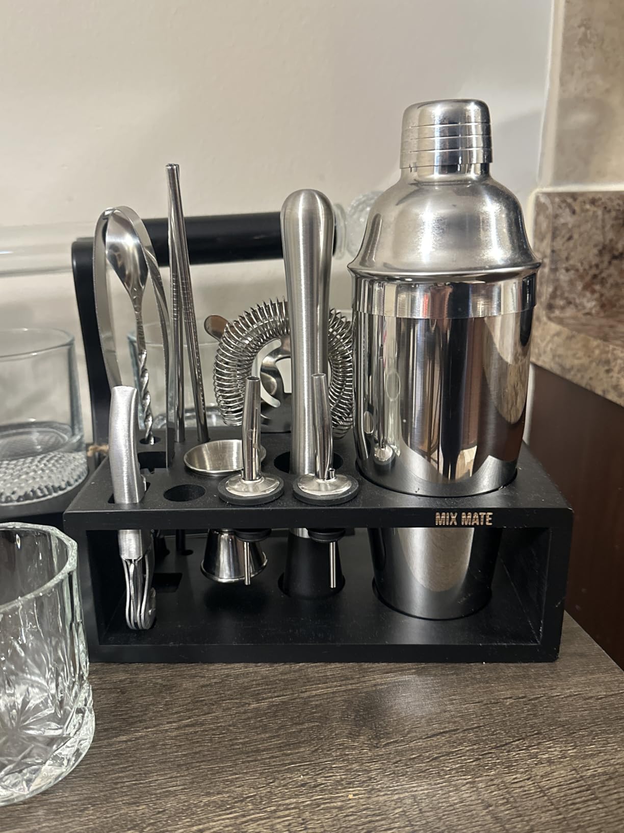 Mixology Bartender Kit with Stand - 15 Piece Bar Tool Set, Silver Bar Set Cocktail Shaker Set for Drink Mixing - Includes Martini Shaker, Jigger, Strainer, Bar Mixer Spoon, Tongs, Opener (Gift Idea) customer photo 1
