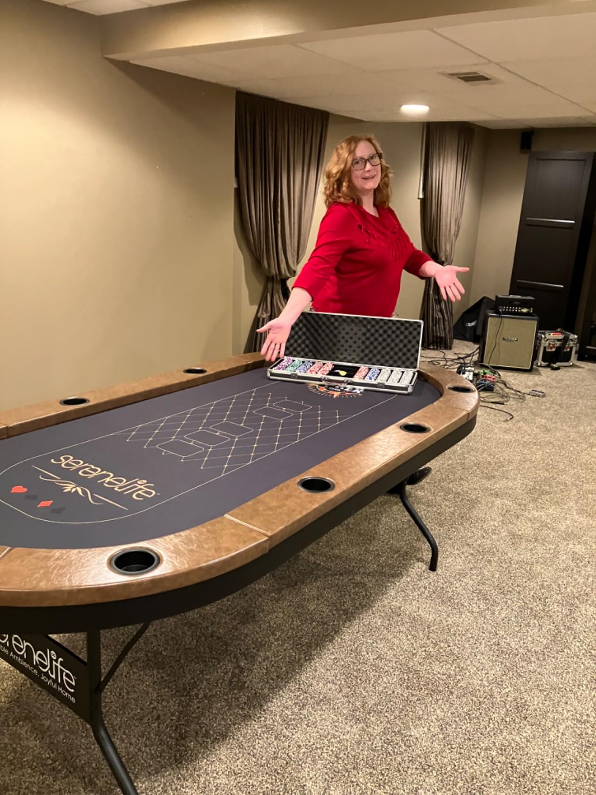 SereneLife 7ft Poker Table for 10 Players - Heavy Duty Oval Texas Hold'em Casino Table for Game Room, 25mm Reinforced Metal Legs, Durable Black PVC Rail, 10 Deep Cup Holders & Professional Layout customer photo 1
