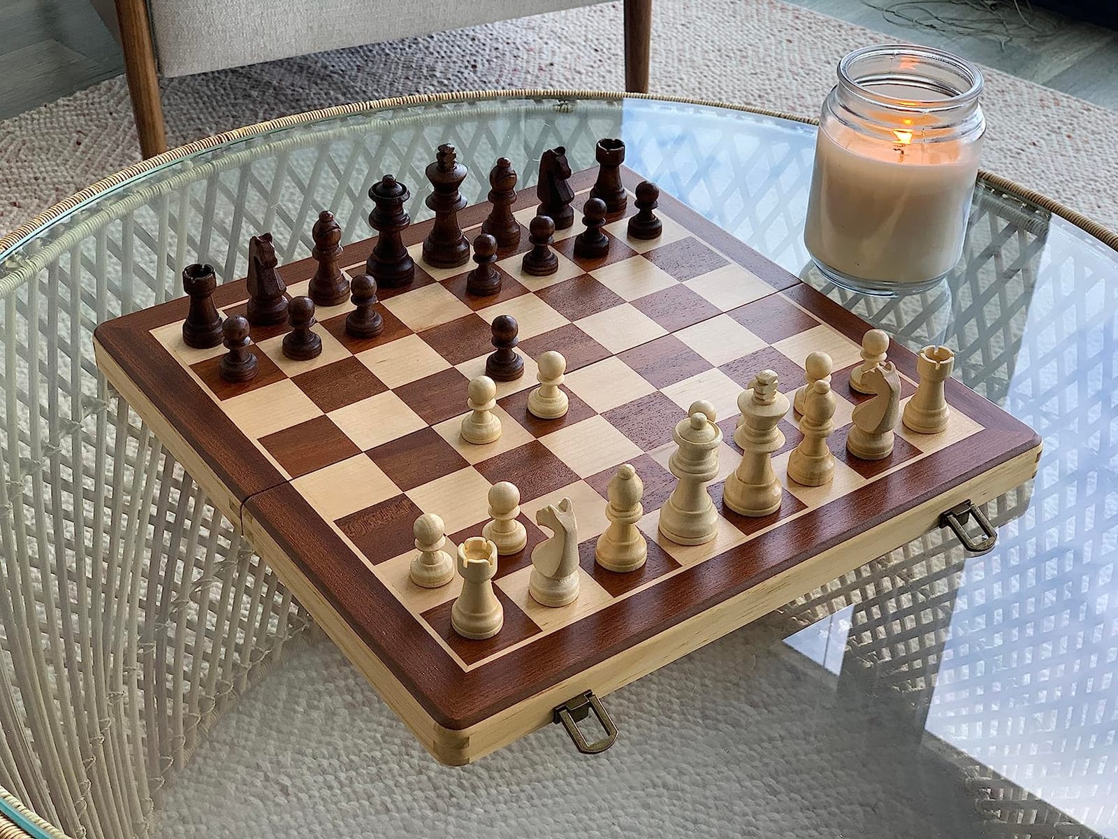 A&A 15'' Magnetic Wooden Chess Set/Folding Board / 3'' King Height German Knight Staunton Chess Pieces/Mahogany & Maple Inlaid /2 Extra Queen customer photo 2