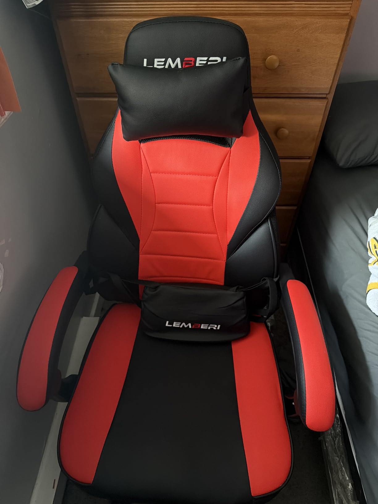LEMBERI Big and Tall Gaming Chair, 400lb Capacity, Red | Heavy-duty steel frame, wide seat & high back, PU leather, massage lumbar cushion, footrest, linkage armrests for office customer photo 2