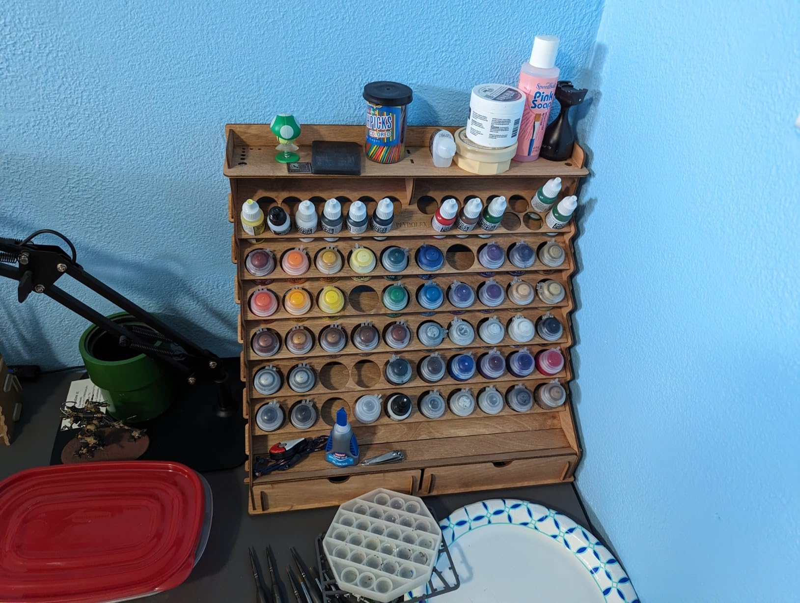 Wooden Paint Organizer - 74 Holes Suitable for Vallejo, Citadel, Tamiya Paint Bottles - 14 Brushes Holes, 6 Minis Stands and 2 Drawers - Works for Warhammer, DnD and Other Miniatures customer photo 1