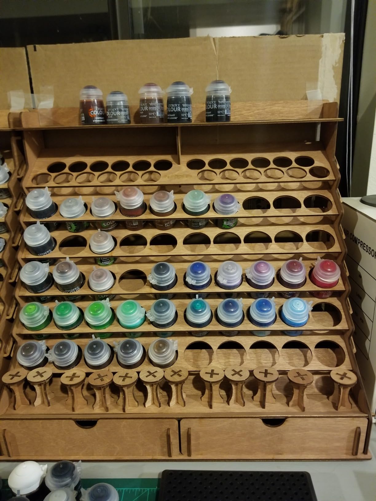 Wooden Paint Organizer - 74 Holes Suitable for Vallejo, Citadel, Tamiya Paint Bottles - 14 Brushes Holes, 6 Minis Stands and 2 Drawers - Works for Warhammer, DnD and Other Miniatures customer photo 2