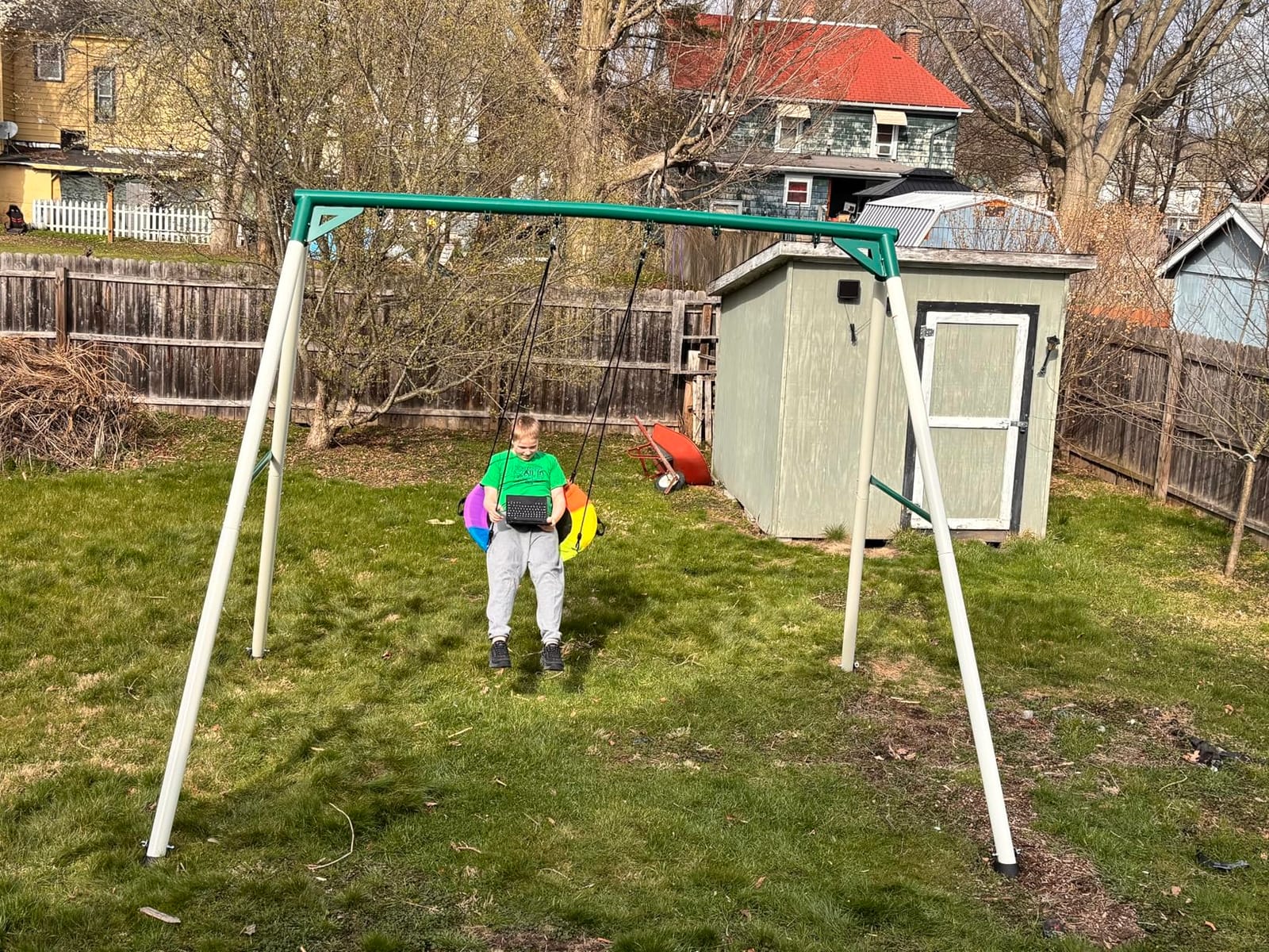 Hapfan 9.5ft Tall Swing Sets for Backyard for Big Kids & Adults (Patented), 76mm Heavy Duty Metal Stand, 600lbs Capacity, Saucer Swing + 2 Belt Swings, ASTM/CPSC Compliant, Outdoor Swing Set for Family customer photo 1
