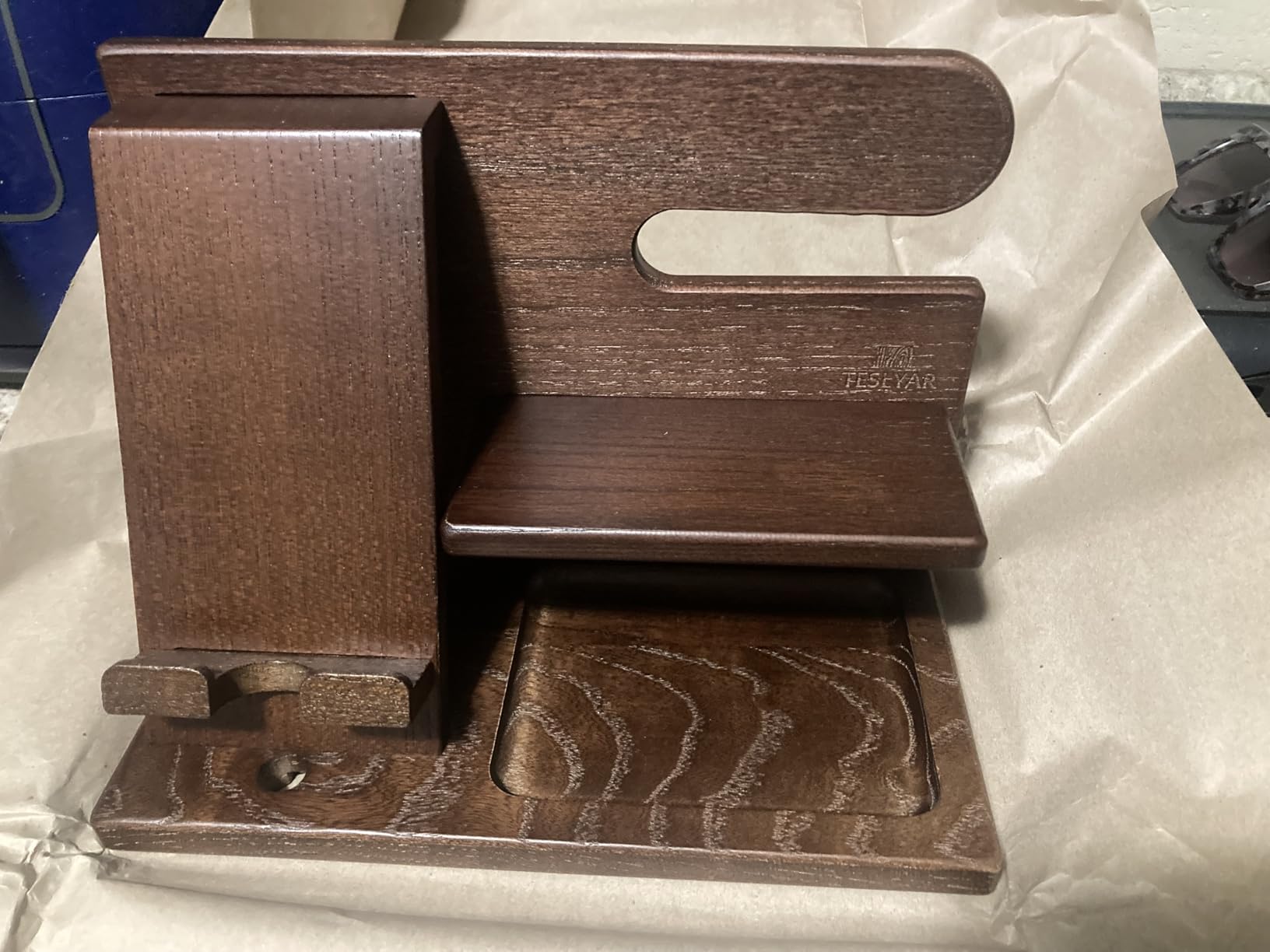 TESLYAR Wood Phone Docking Station for Men - Desktop or Nightstand Organizer - Birthday Gifts for Men, Dad - Anniversary Idea from Wife - Key Holder, Stand Wallet, Watch & Essentials (Bourbon Brown) customer photo 2