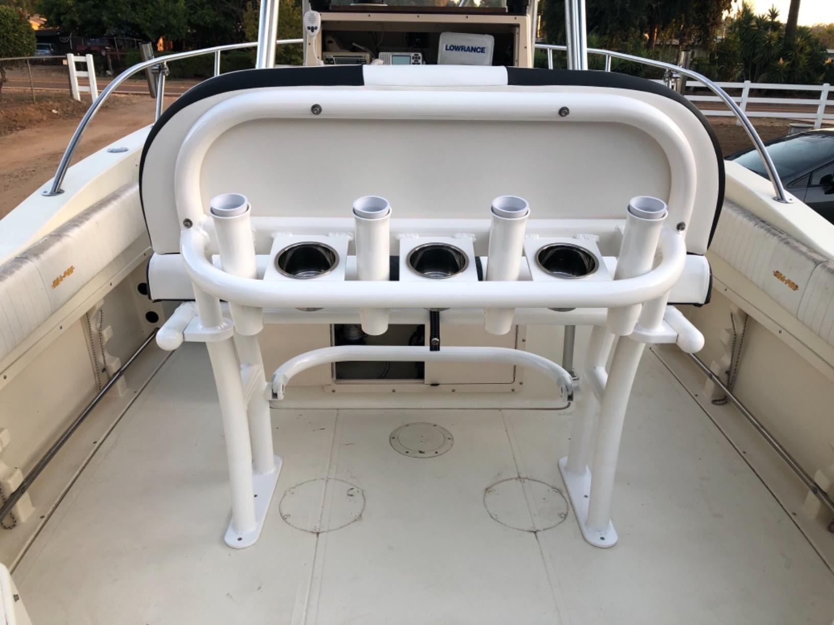 Fishmaster Pro Series Leaning Post for Center Console Fishing Boats - Deluxe Backrest, Rod Holders, Flow-Through Foam, Storage Compartment, Foldable Footrest - White Upholstery/Polished Anodized customer photo 1