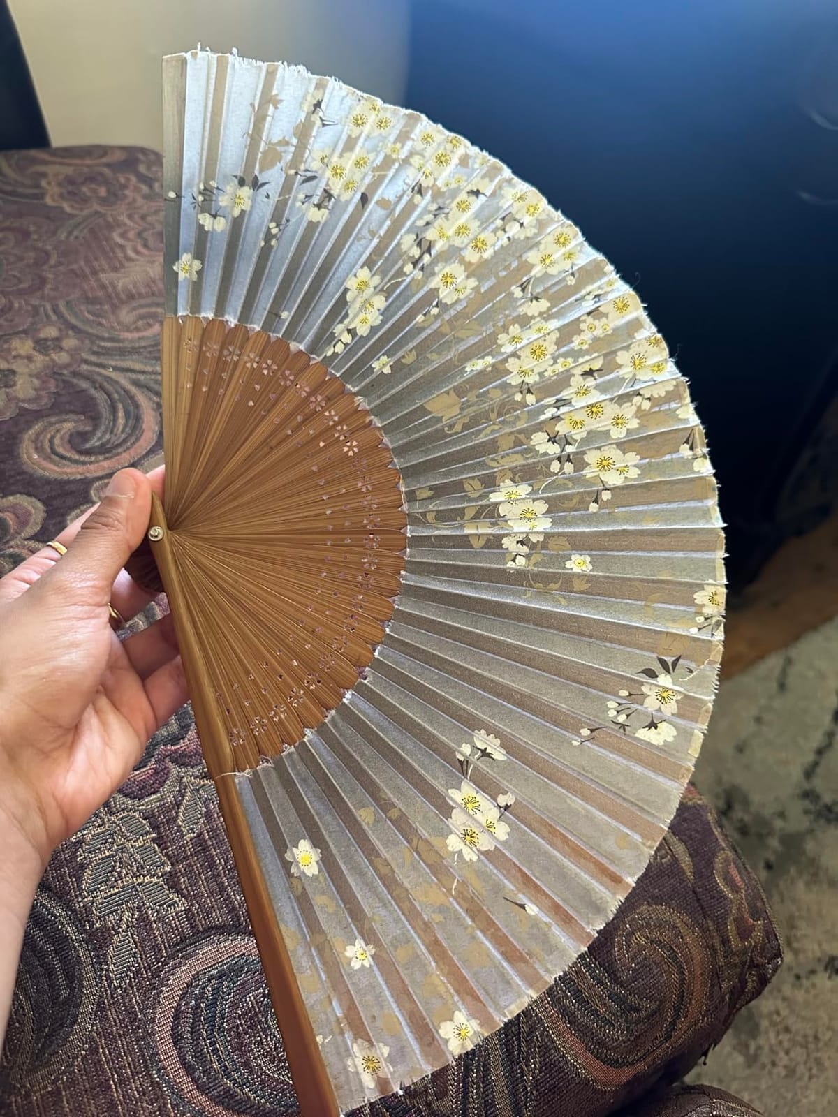 OMyTea Folding Hand Fan for Women - Foldable Chinese Japanese Vintage Bamboo Silk Fan - for Hot Flash, Church, EDM, Music Festival, Party, Dance, Performance, Decoration, Gift (Gray Sakura) customer photo 2