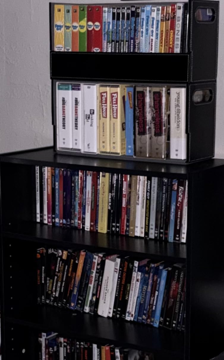 Stock Your Home DVD Storage Box, Movie Shelf Organizer for Blu-Ray, Video Game Cases, CDs, VHS Tape Display Stand, Disc Holder Can Store Up to 28 DVDs, Faux Leather (Black) customer photo 2