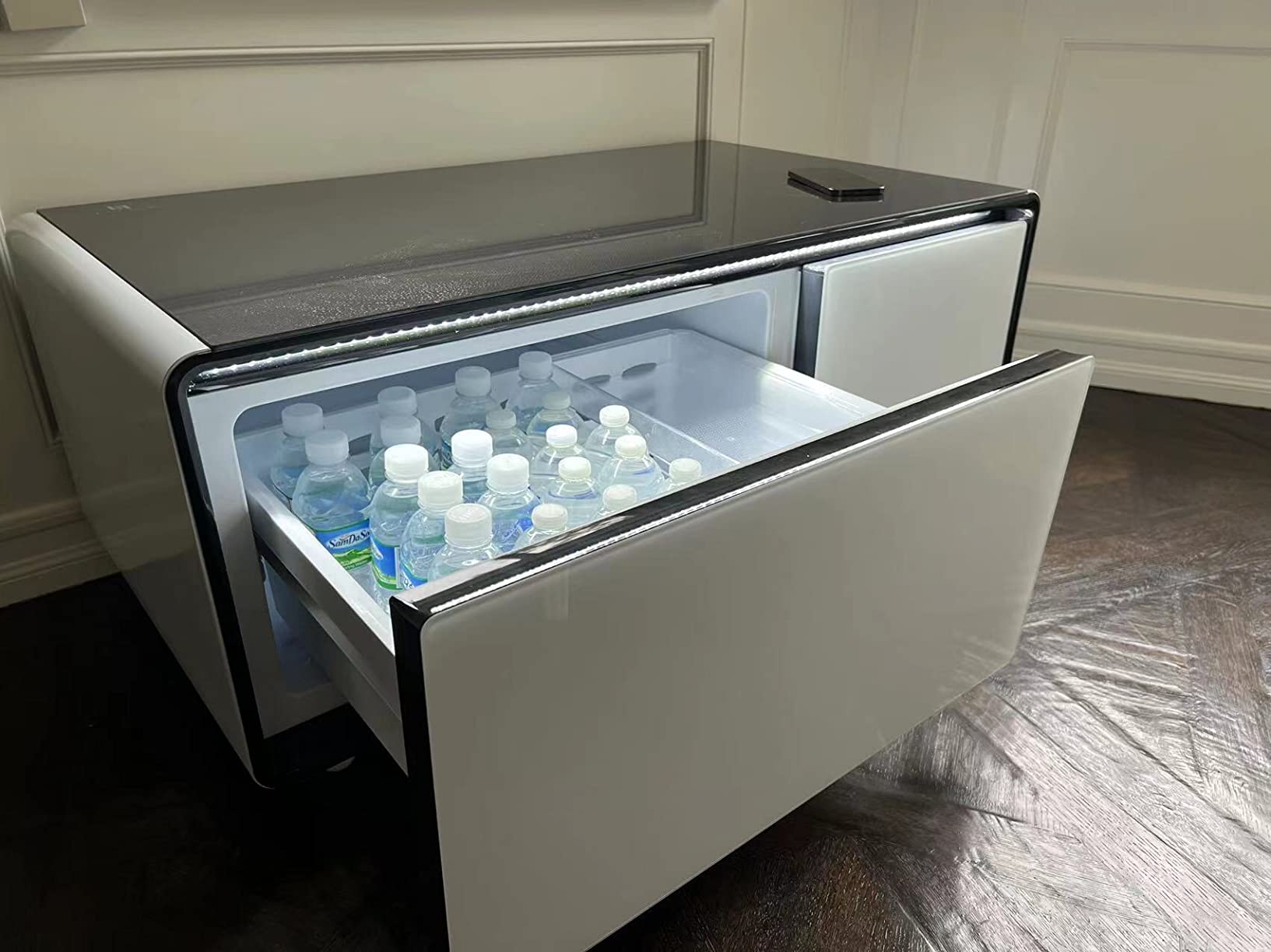 Smart Coffee Table with 93L Fridge Drawers, 15W Wireless Charging, Speaker | Quiet 36dB Dual-Zone Refrigeration with Blue Music-Reactive Light, 3 USB Ports & No Assembly Required customer photo 2