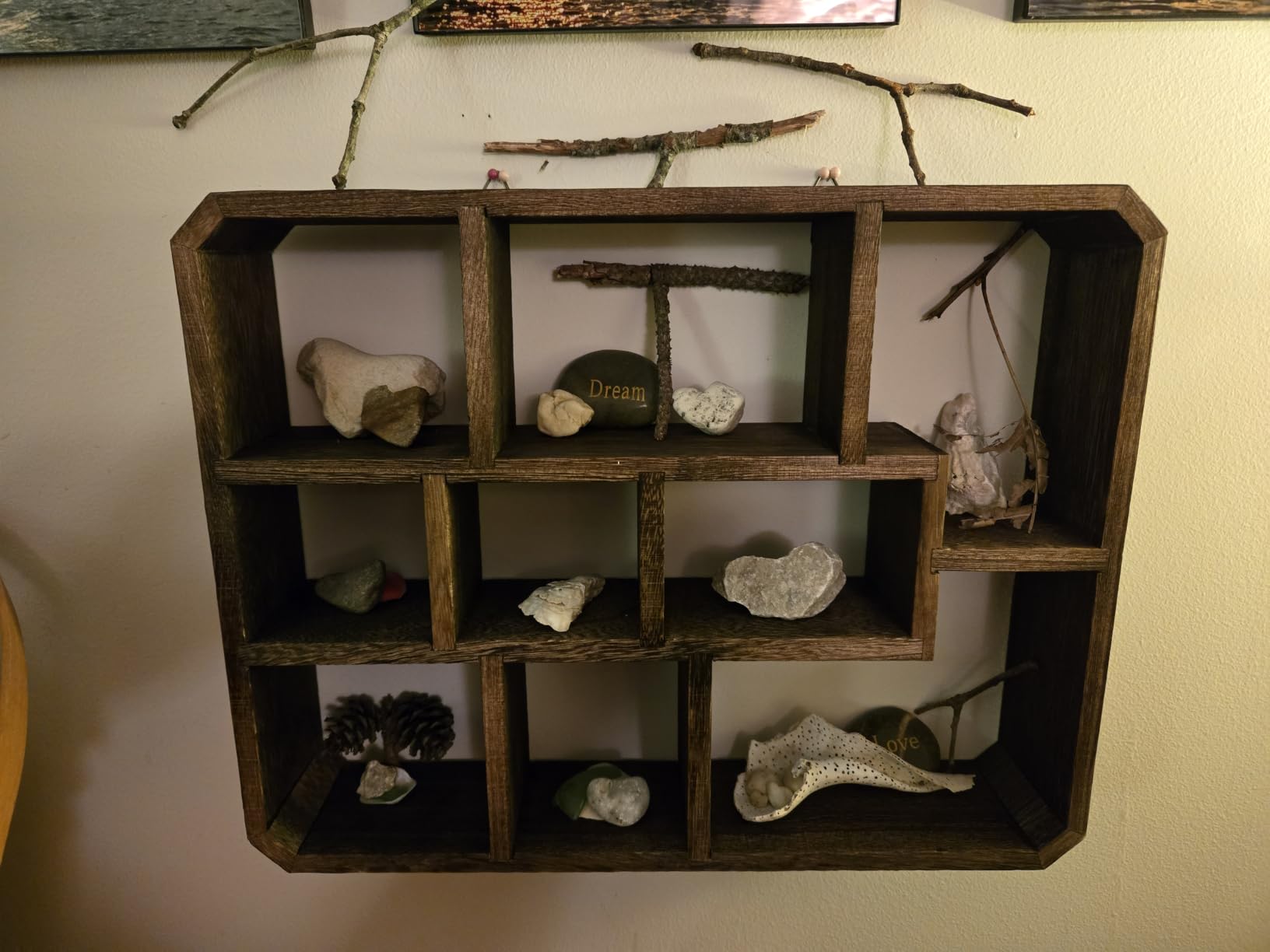 Frcctre Rustic Shadow Box Display Shelf, 9 Compartments Wood Hanging Display Floating Shelves, Multi-Slot Wall Mounted or Freestanding Farmhouse Decor Displays Case customer photo 1