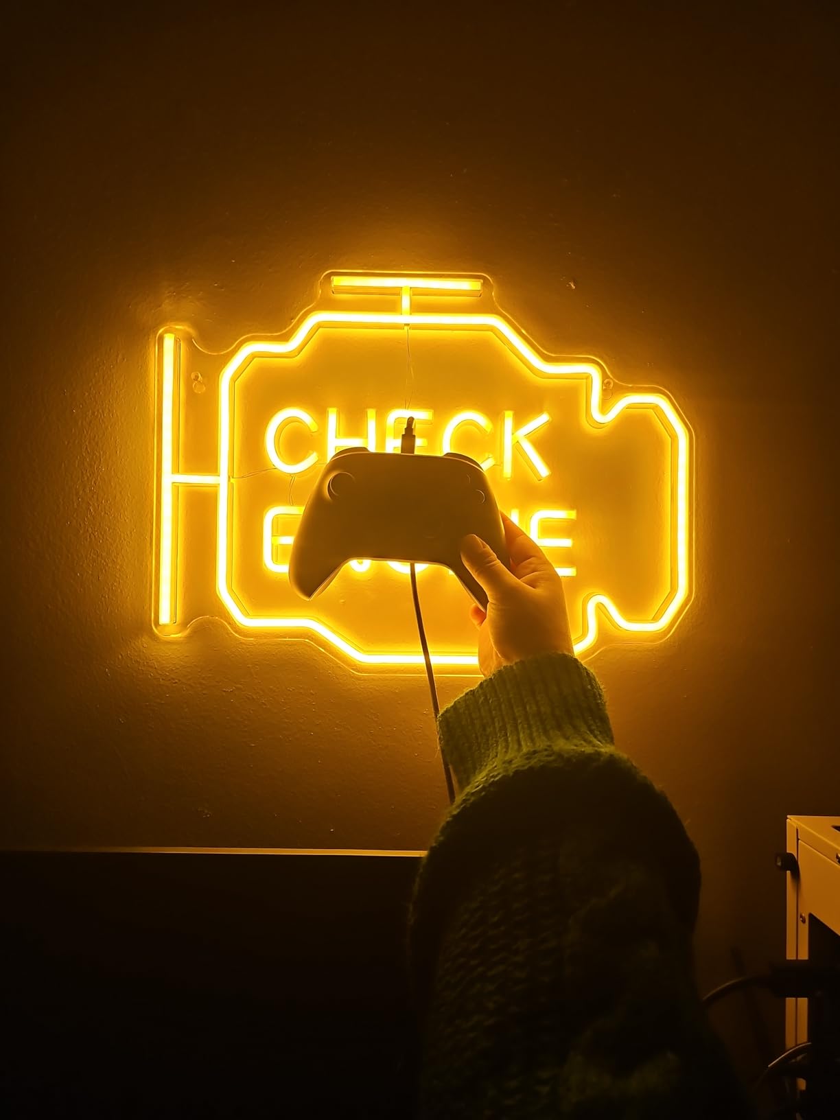 Check Engine Light Neon Sign for Man Cave Decor, LED Garage Wall Art, Funny Gifts for Dad & Car Guys, Man Cave Auto Repair Shop Mechanics Workshop Sign, USB Powered(15.7x11.8in,Yellow) customer photo 1