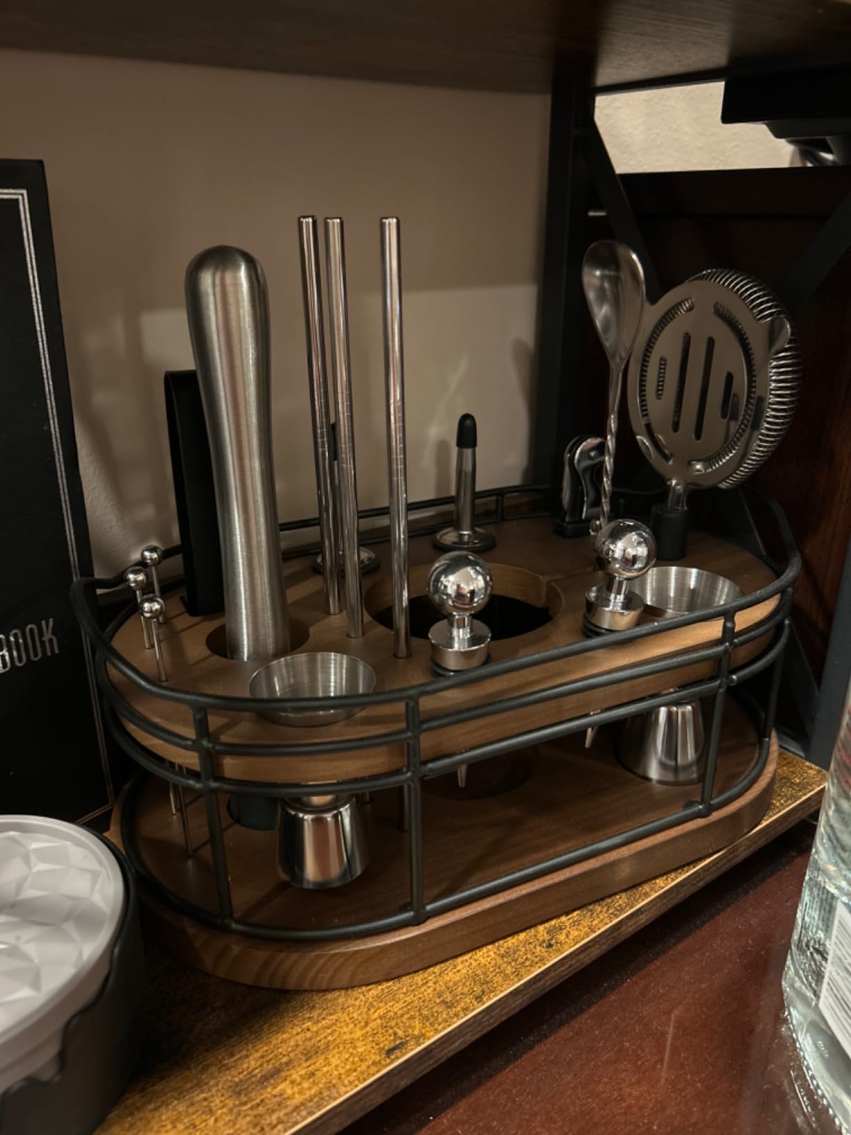 Home Hero Bartender Kit - 22-Piece Cocktail Shaker & Bar Tool Set - Wooden Stand Display & Bar Cart Accessories - Recipe Book & Housewarming Gifts - 22-Pc, Silver (Professional Bartender Kit with Wooden Stand) customer photo 2