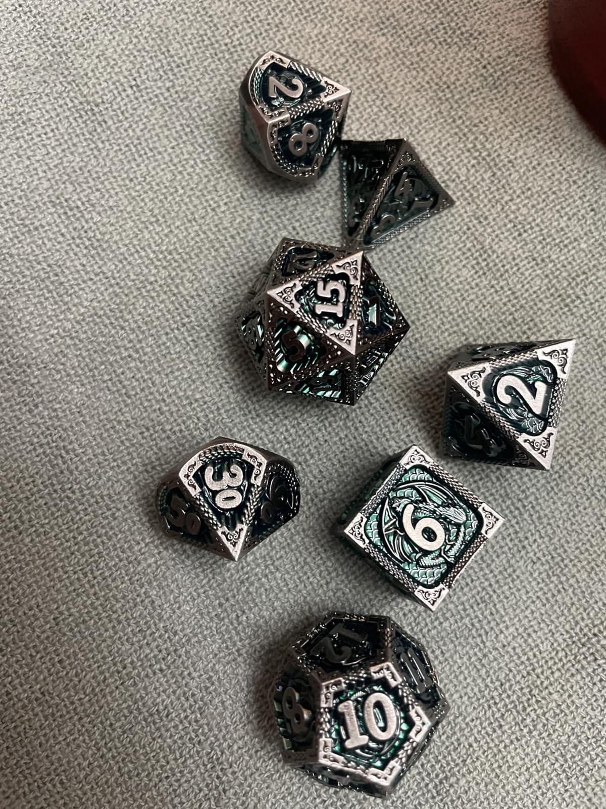 Haxtec Metal DND Dice Set, 7 Pcs Dragon Pattern Polyhedral Dice for RPG | Halloween Dice, Bloodstained D&D with Leather Bag, Compatible with Dungeons and Dragons, Heavy Metallic, TTRPG Gifts customer photo 2