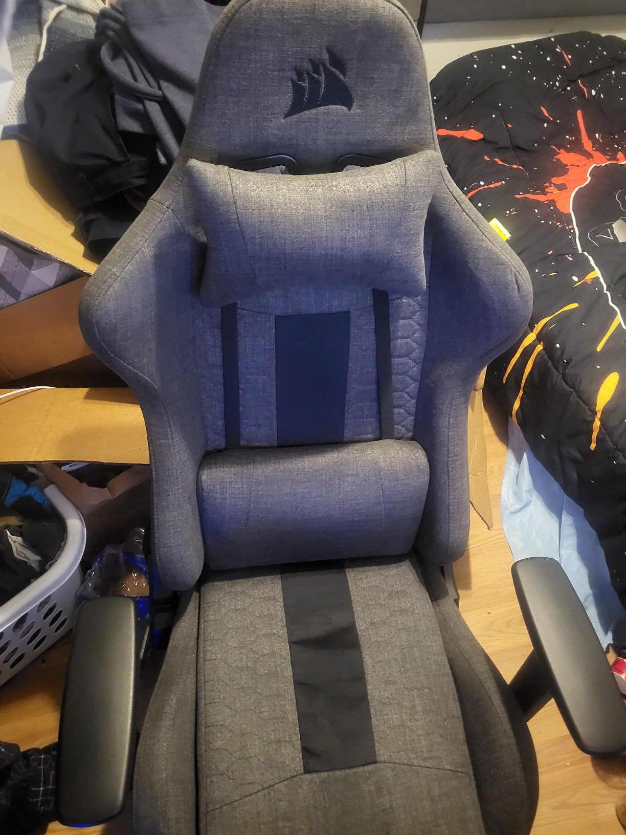 Corsair TC100 Relaxed Gaming Chair - Fabric - Racing-Inspired Design - Lumbar Pillow - Detachable Memory Foam Neck Pillow - Adjustable Seat Height - Adjustable Armrests - Gray and Black customer photo 1