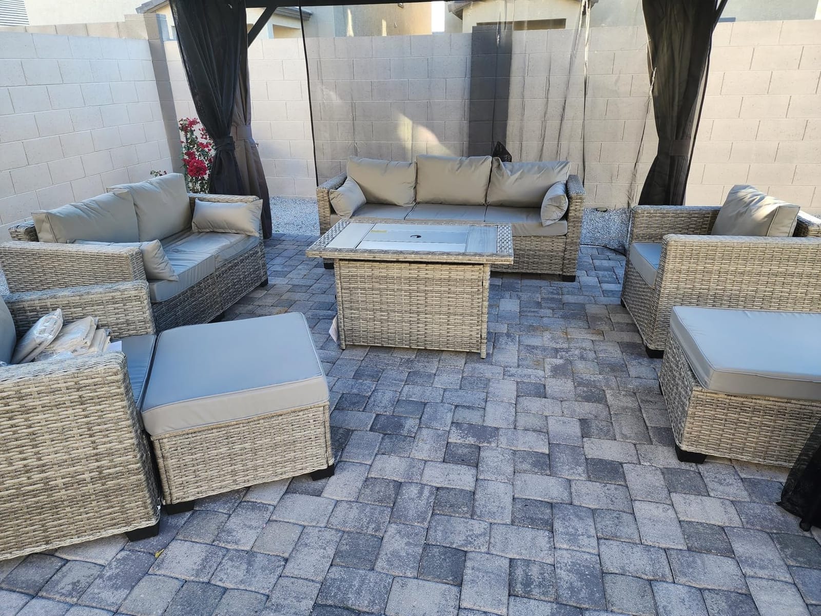 Rattaner 7-Piece Outdoor Furniture Sets Patio Furniture Set with 45-inch Fire Pit Patio Couch Outdoor Chairs 60000 BTU Propane Fire Pit Table with Non-Slip Cushions Waterproof Covers, Light Grey customer photo 2