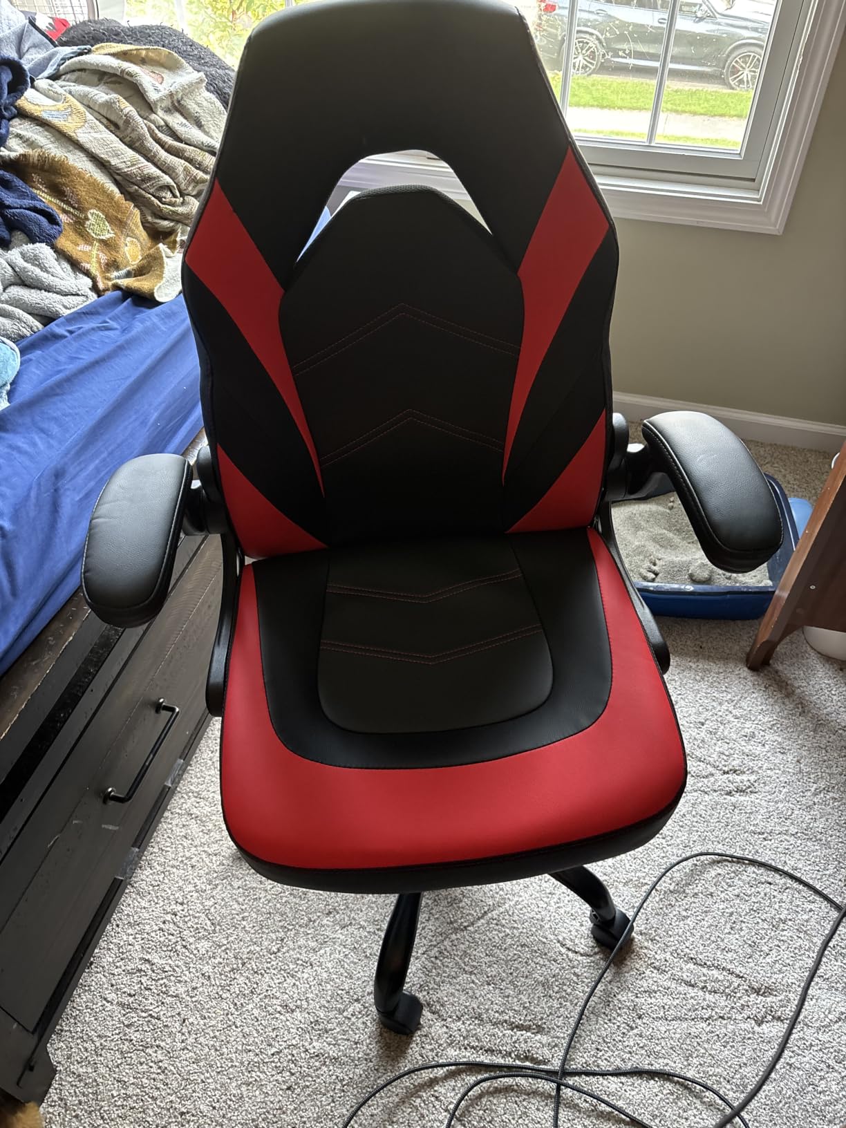 Sweetcrispy Gaming Chair, Lumbar Support Home Office Computer Chair | PU Leather, Flip-up Armrest, Swivel Wheels, Height Adjustable, Video Racing, Red customer photo 1