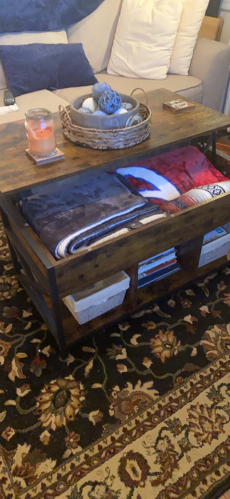 VASAGLE Lift Top Coffee Table with Storage Shelf, 3 Compartments | Coffee Table for Living Room, Adjustable Height, 19.7 x 47.2 x (19.3-24.4) Inches, Rustic Brown and Black ULCT212B01 customer photo 1