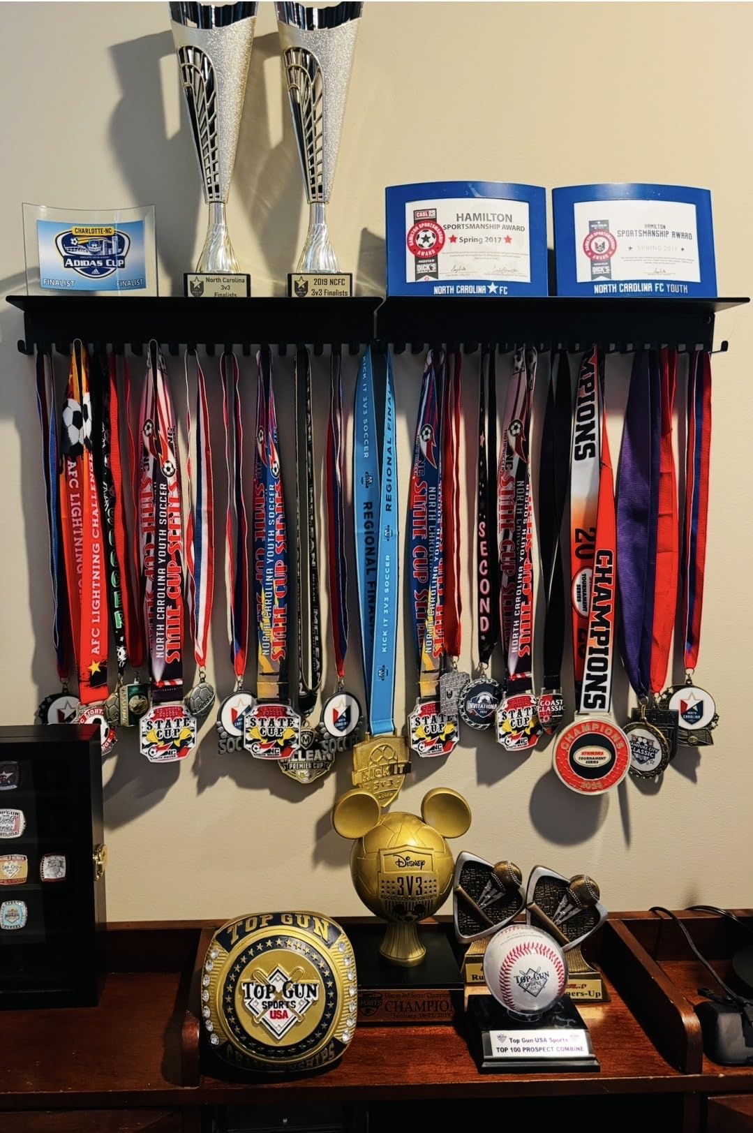 iBobbish Metal Medal Hanger Display,Non-Slip Trophy Shelf with 20 Hooks,Wall Mount,Heavy Duty,Non-Bent,Holds 22-33lbs,for Gymnastics,Race,Soccer,Swim customer photo 2