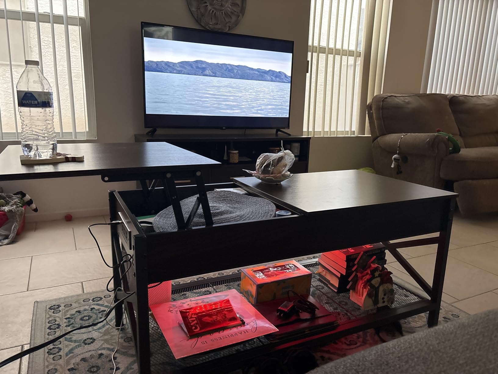 Aheaplus Coffee Table with LED Light and Power Outlet, Modern Lift-Top Center Table with Storage Shelf, for Living Room with Lift Tabletop, X Support Metal Frame, Rustic Brown customer photo 1
