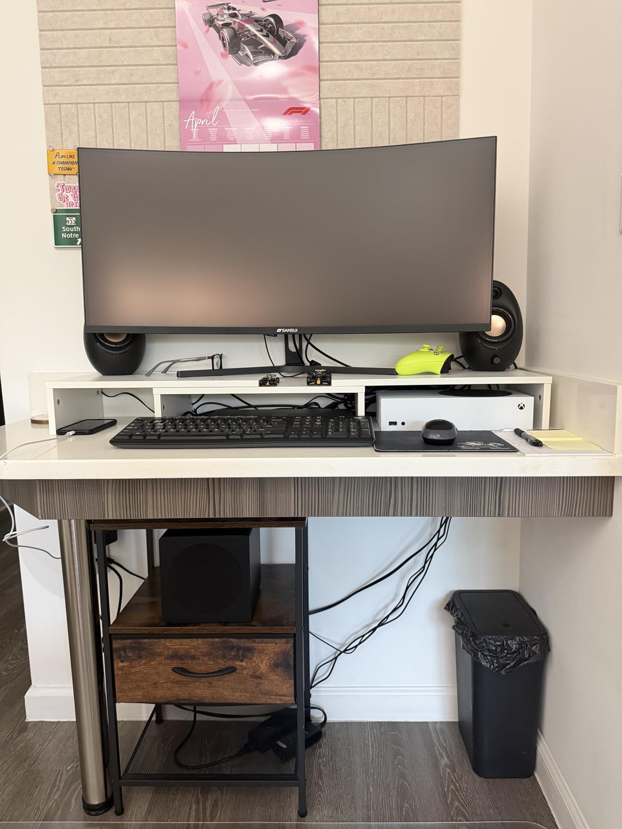 BONTEC Dual Monitor Stand Riser, Adjustable Length & Swivel Angle, White | Ergonomic Wooden Desktop Organizer with Smartphone Holder, Computer Monitor Stand for PC, Laptop, Printer and Large Storage customer photo 1